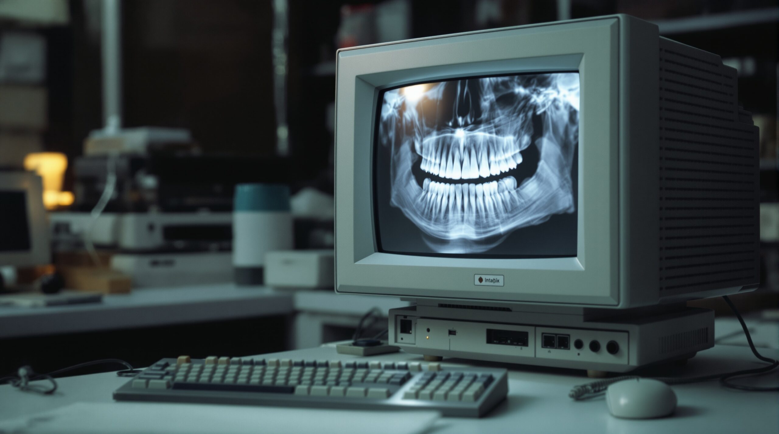 Early digital dental X-ray displayed on 1980s CRT monitor