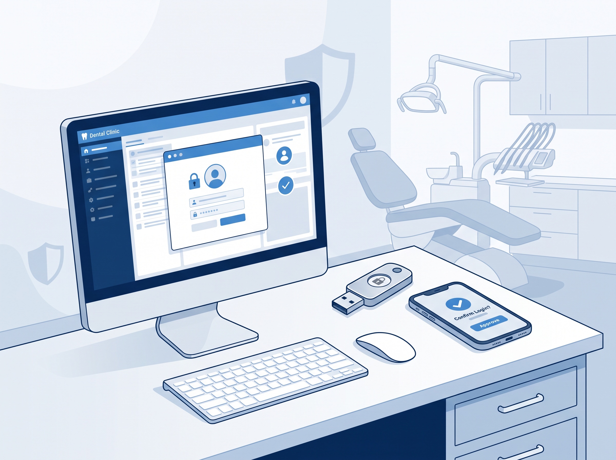 Multi-factor authentication hardware key and phone prompt in a dental office