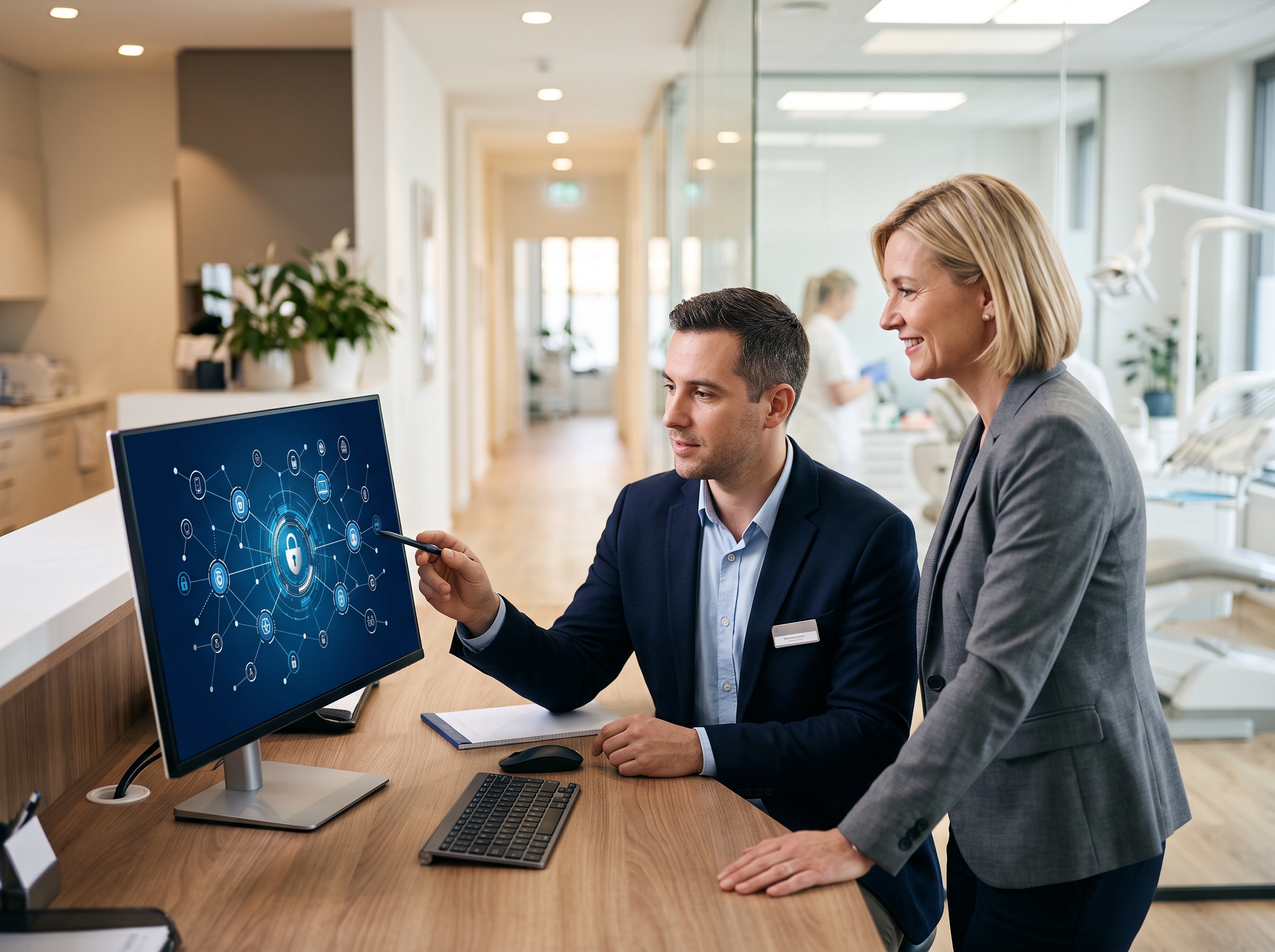 Practice manager and IT specialist reviewing a dental cybersecurity assessment