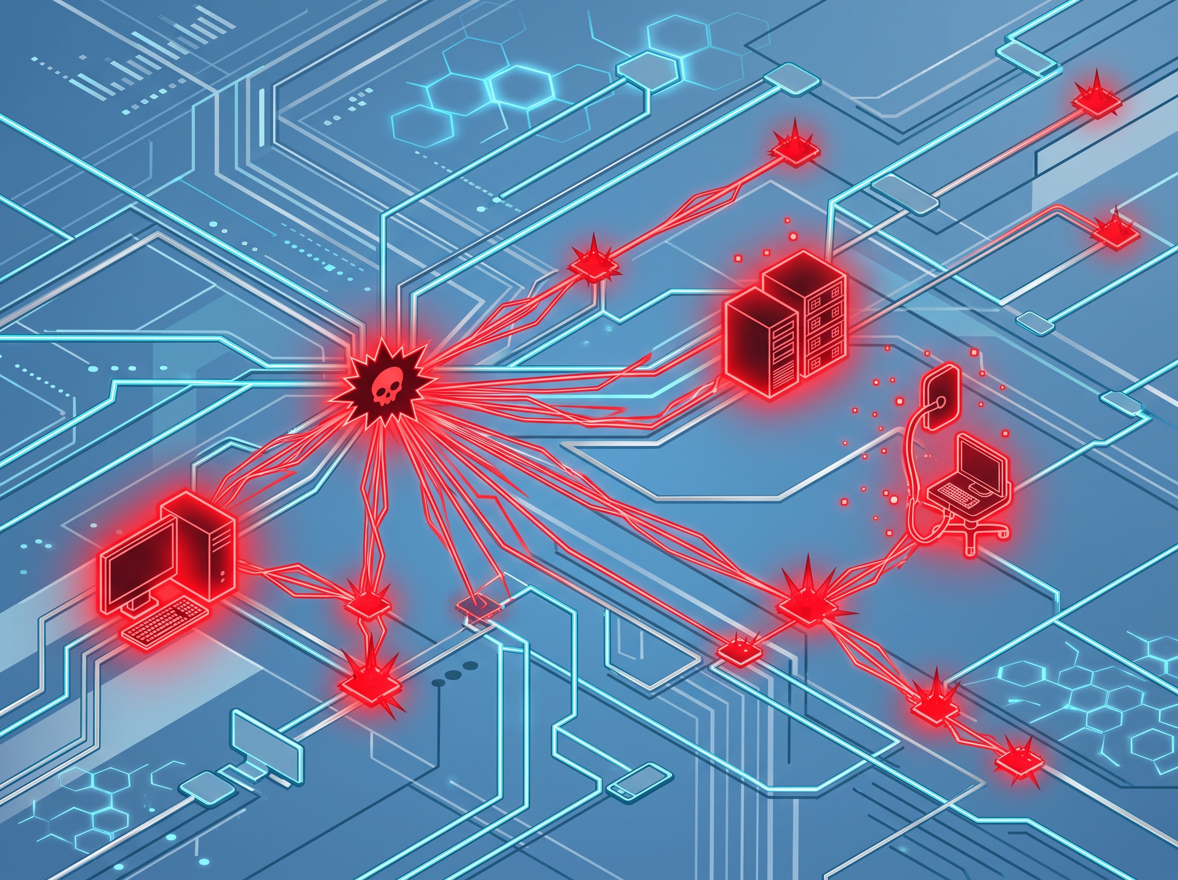 Illustration of ransomware spreading unchecked across a single flat network of connected devices