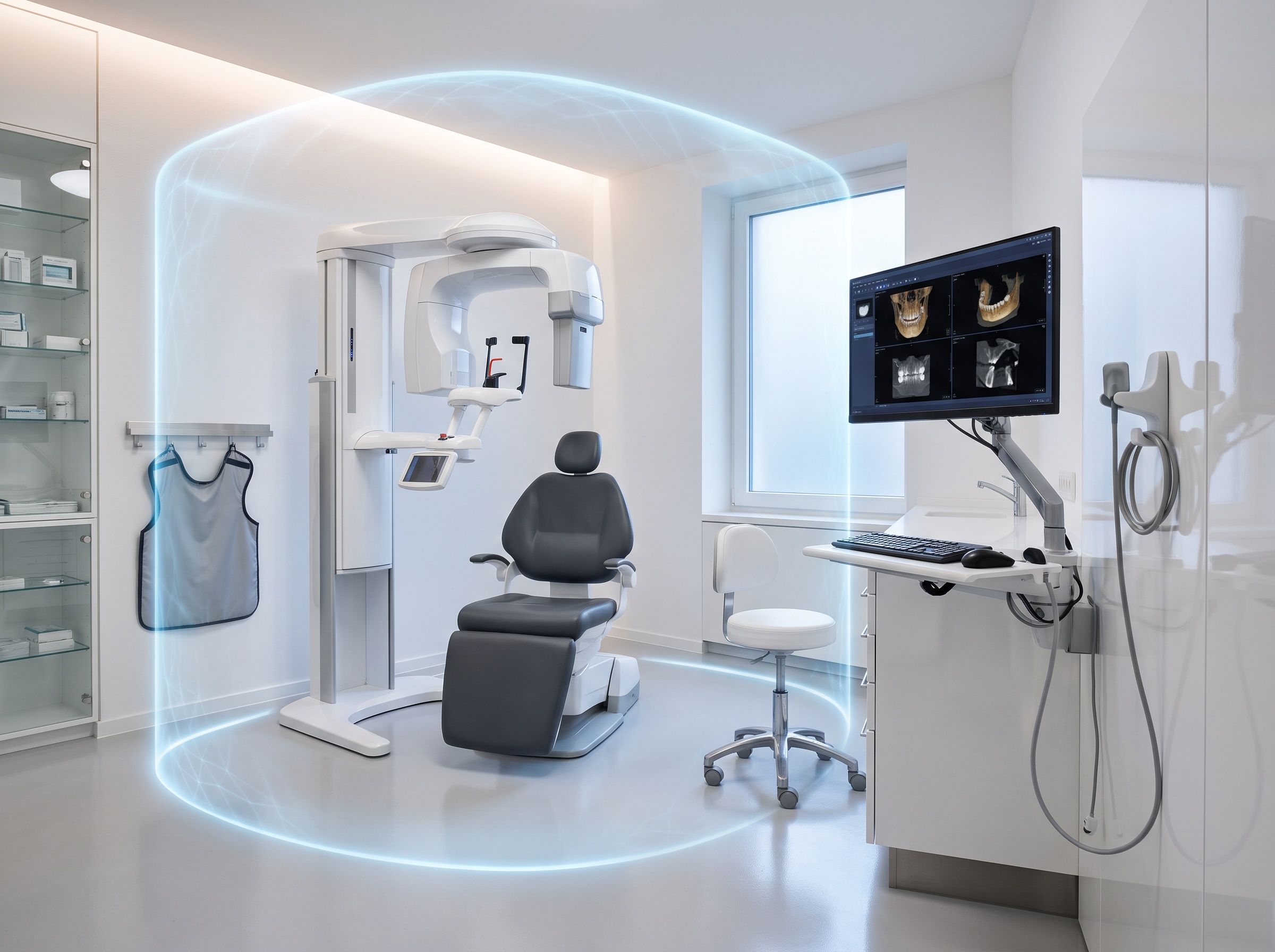 A dental CBCT imaging scanner surrounded by a subtle blue protective barrier representing an isolated network zone