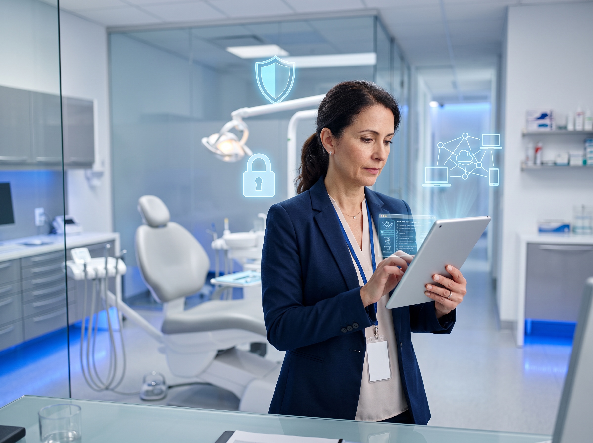 A dental practice manager reviewing a network security checklist on a tablet in a modern clinic