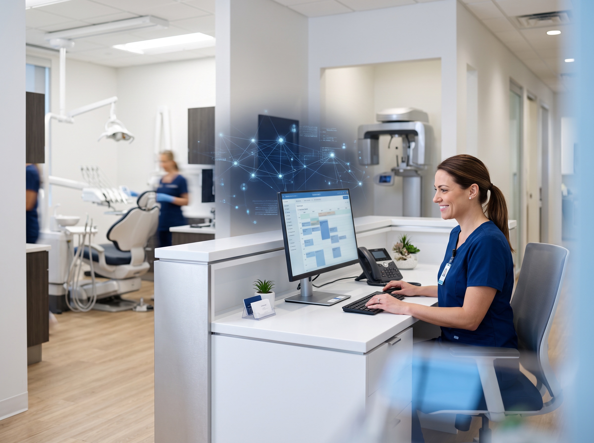 A dental reception workstation connected by a network overlay to clinical equipment in the background