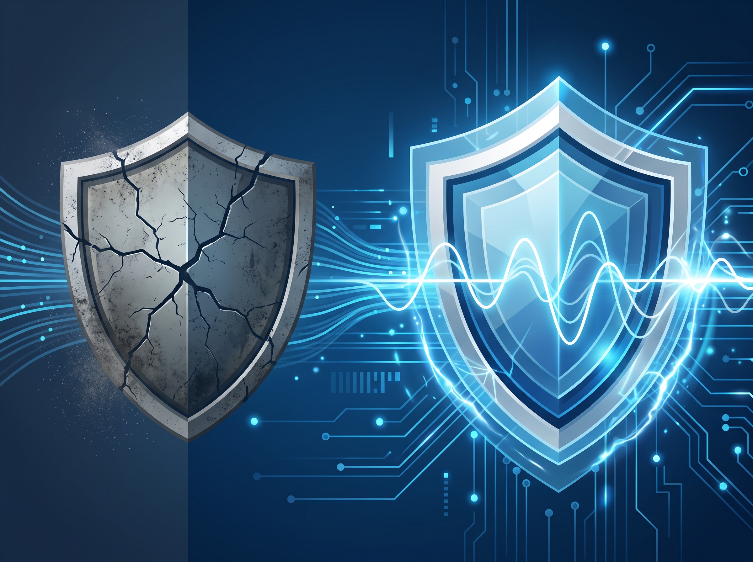 A dim static shield beside a brighter dynamic layered shield, representing EDR replacing legacy antivirus