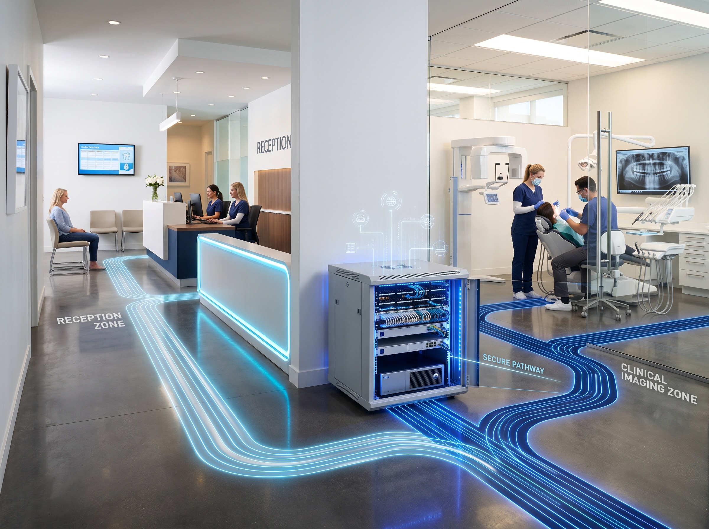 A network appliance separating a reception zone from a clinical imaging zone with a glowing barrier