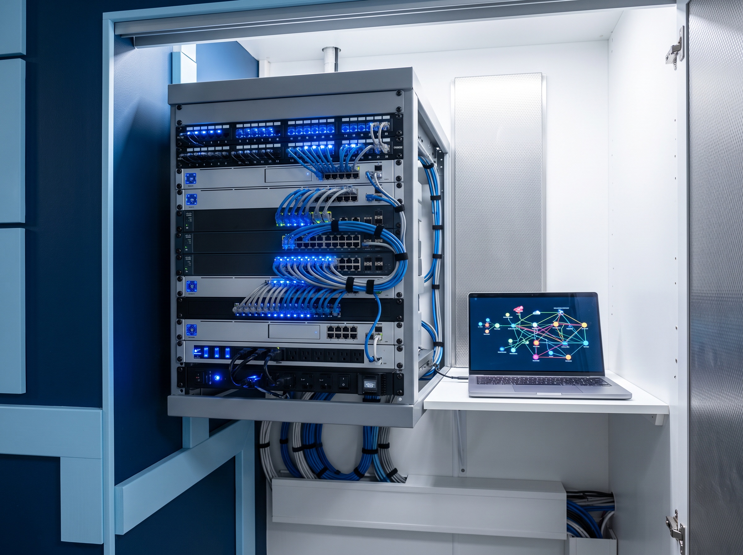 Organized dental practice network rack with glowing blue status lights and a laptop showing a network diagram