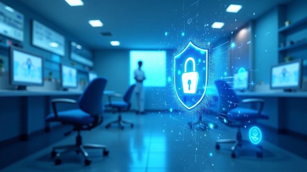 Modern dental practice office protected by a digital security shield concept