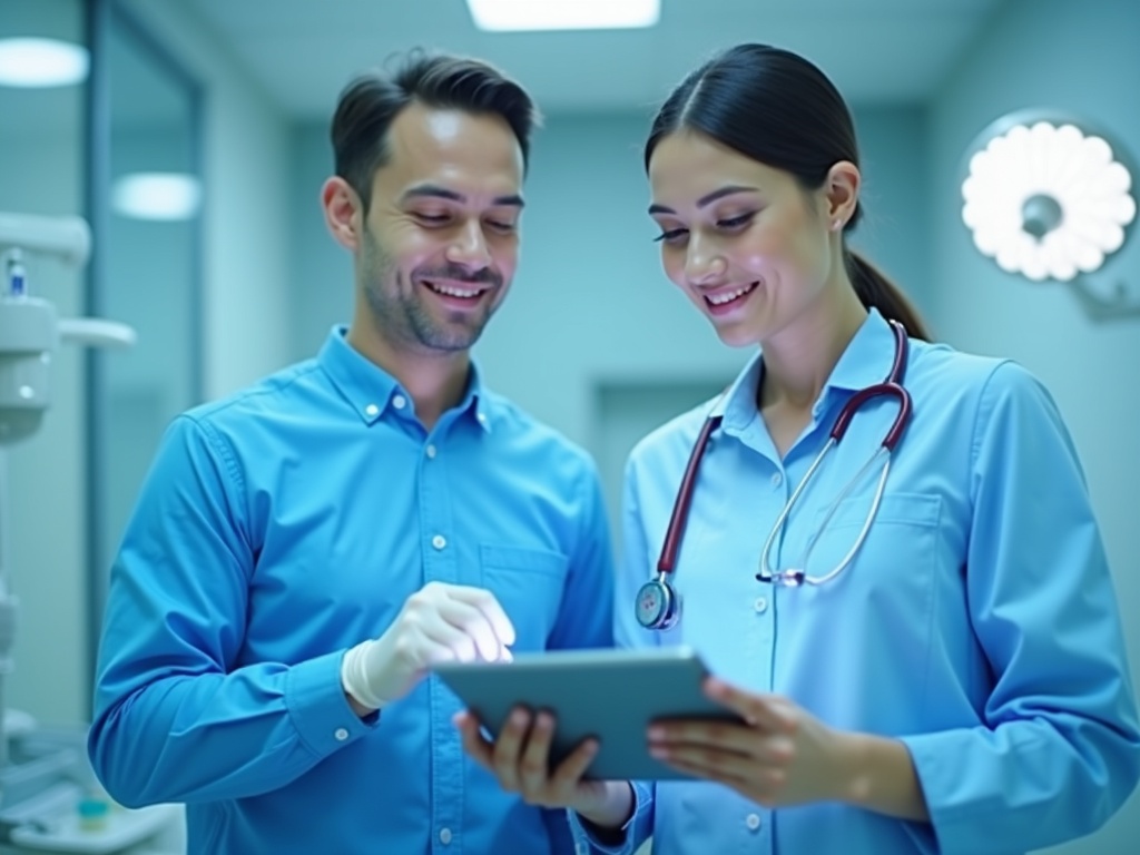 Dentist and practice manager reviewing a cybersecurity checklist on a tablet