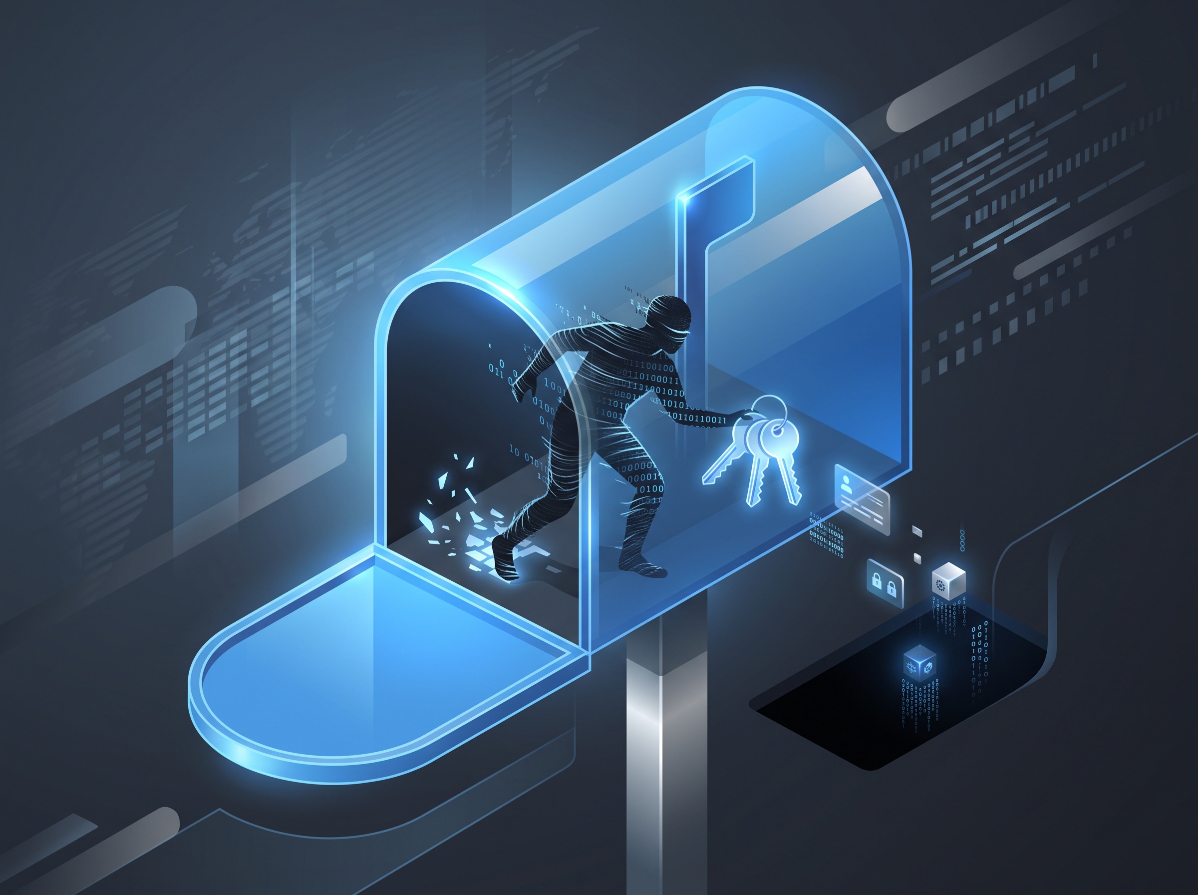 A stealthy backdoor inside a mailbox quietly erasing its tracks while siphoning credentials and authentication codes