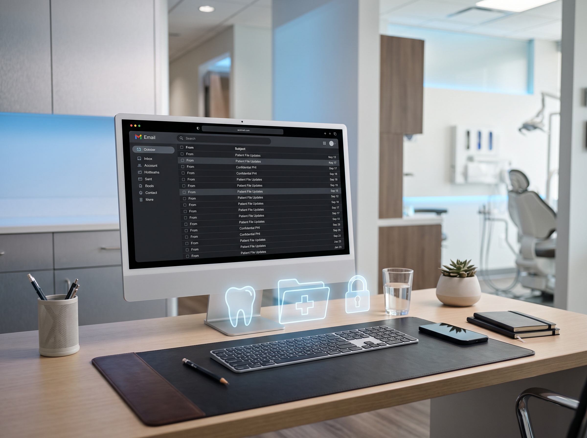 A dental back-office monitor with holographic icons of a tooth, a medical record and a padlock representing protected patient data in email
