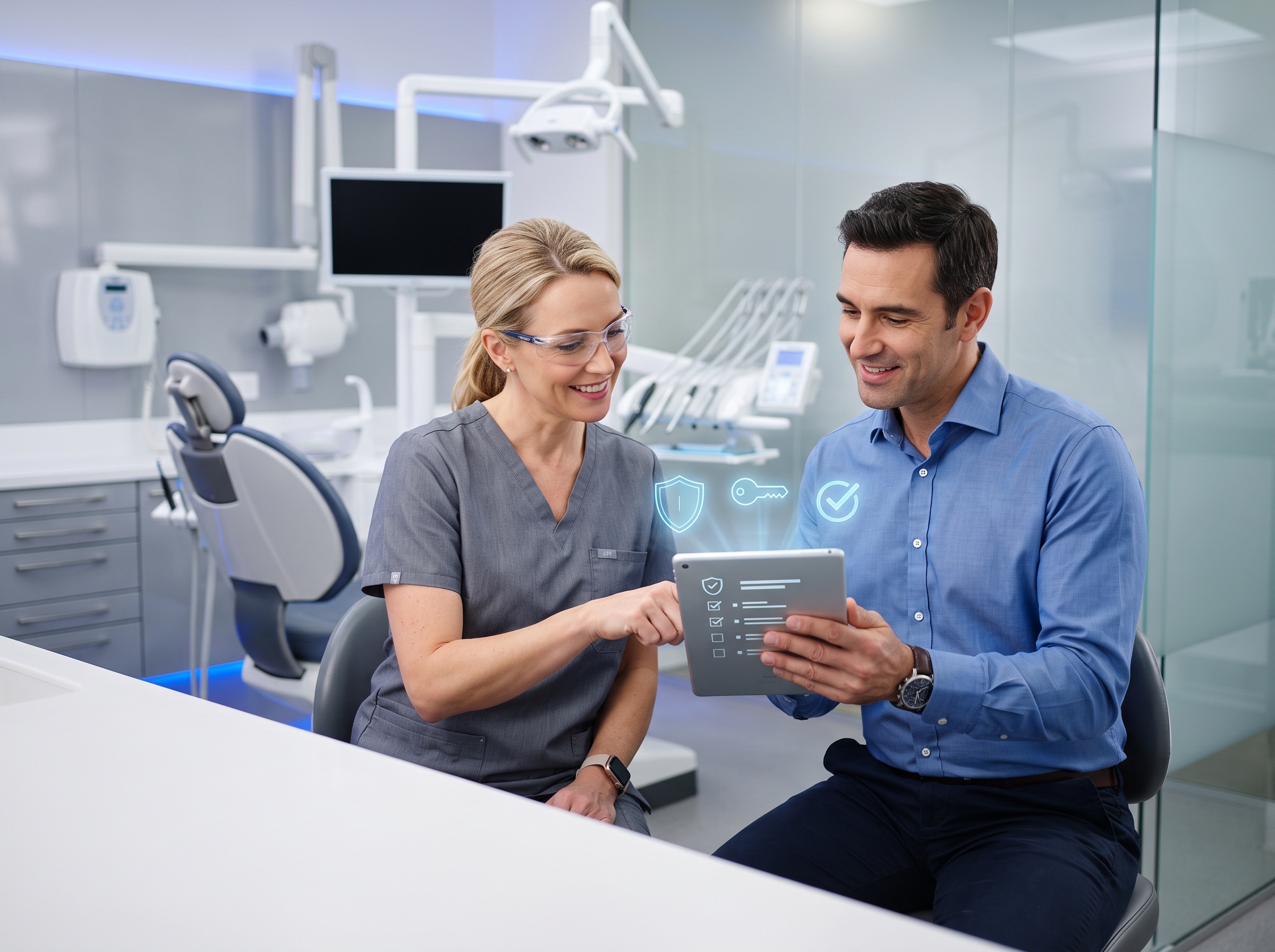 A dentist and IT decision-maker reviewing a security action checklist on a tablet in a modern dental clinic