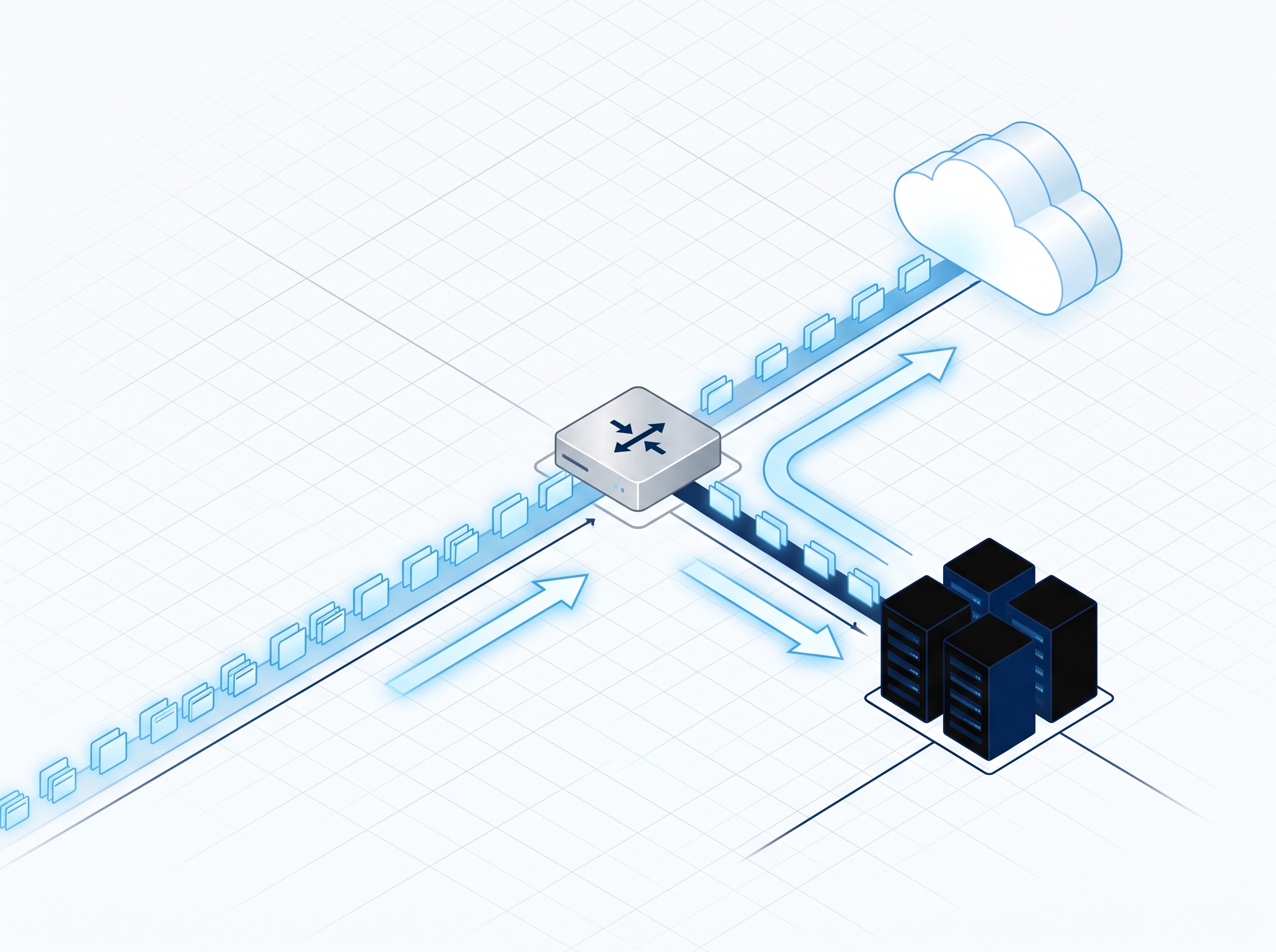 Abstract isometric illustration of network traffic being rerouted by a compromised gateway to a malicious server