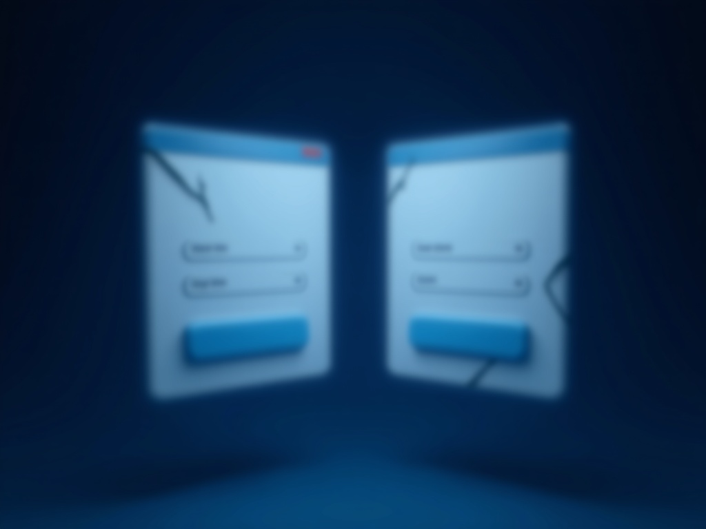 Two nearly identical blank login cards, one glowing safe blue and one cracked with a warning glow