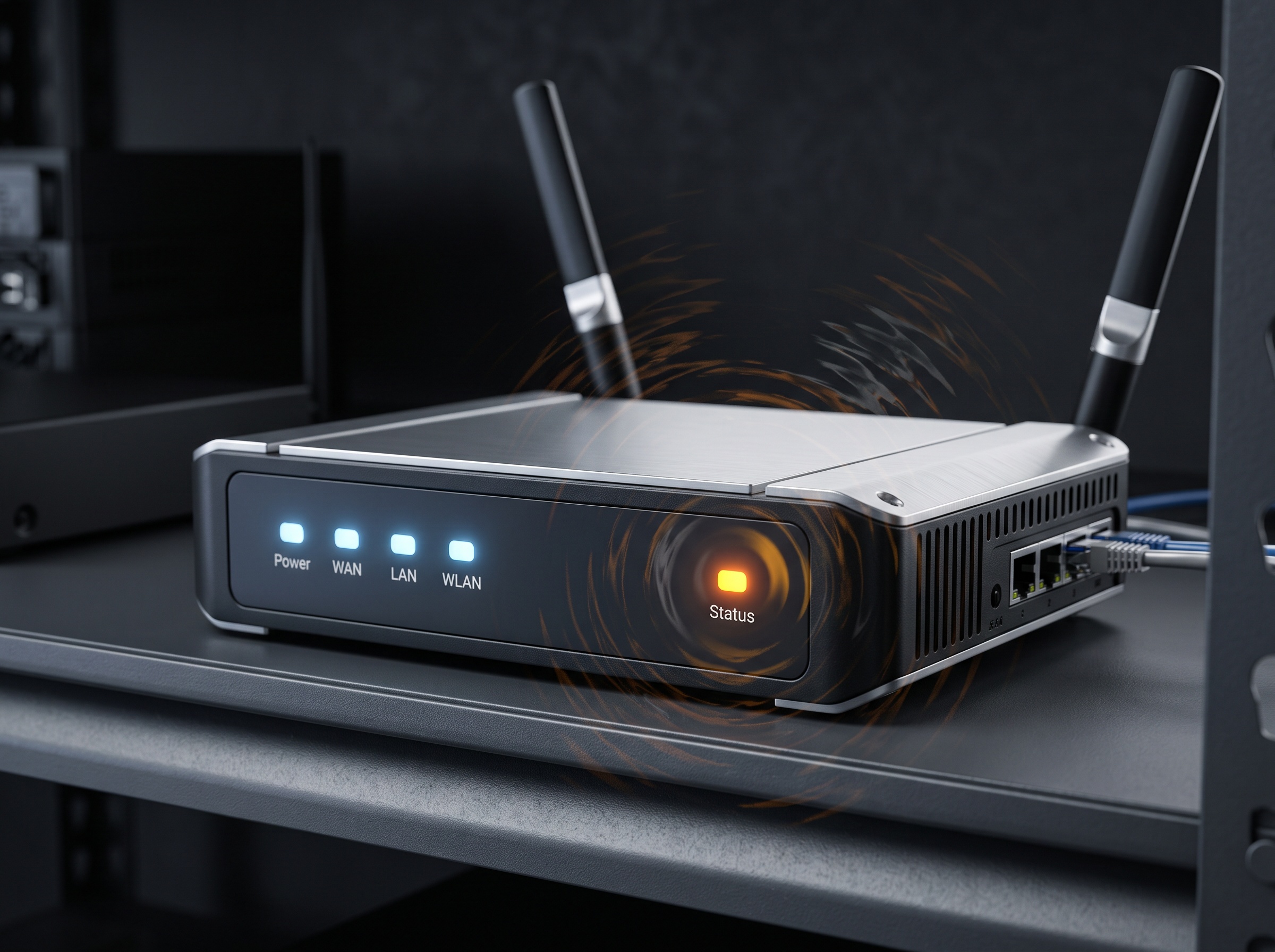 A close-up of a Wi-Fi gateway appliance with a warning status light and distorted signal ripples