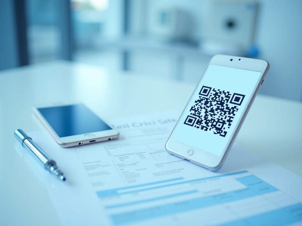 A QR code on a phone beside a tax-style document