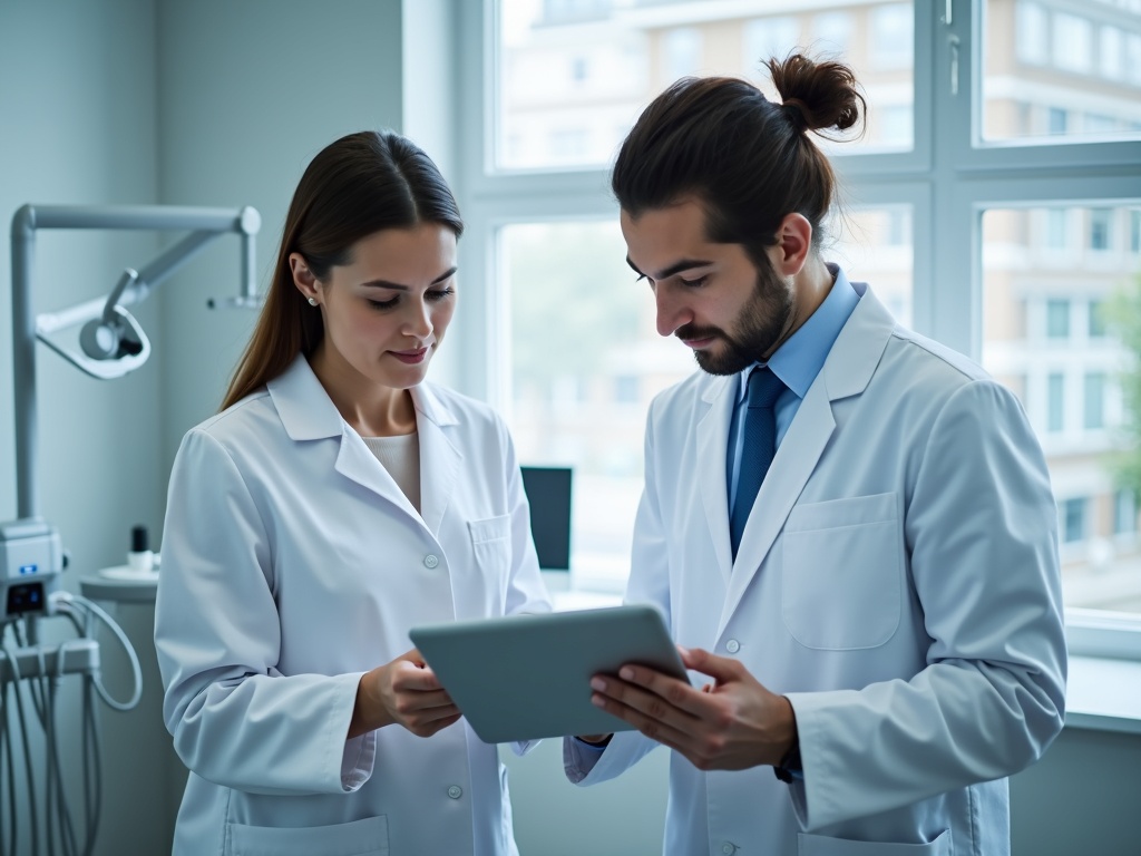 An IT consultant reviewing a security checklist with a dental practice manager