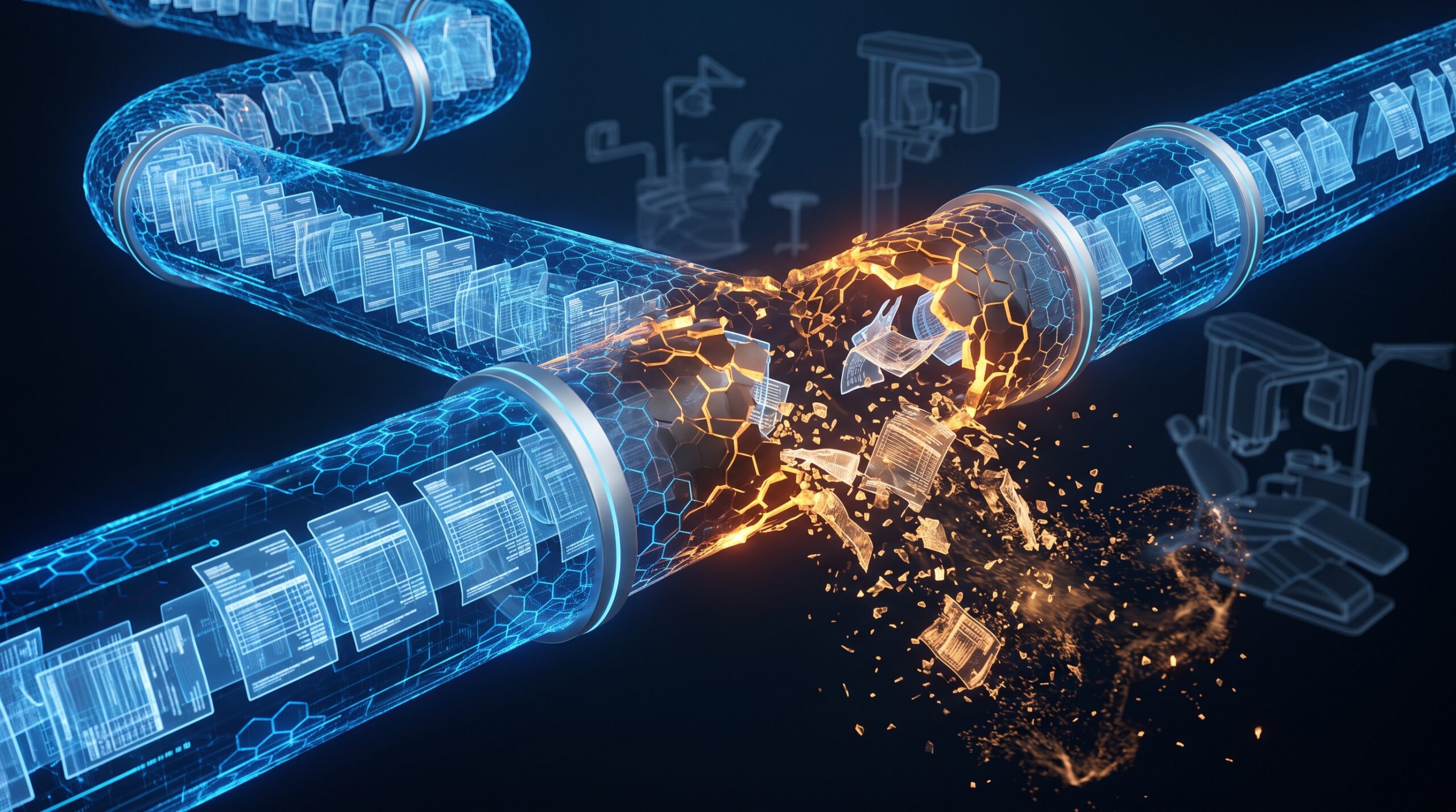 Digital pipeline of medical billing documents with one section leaking data, symbolizing a healthcare billing vendor breach