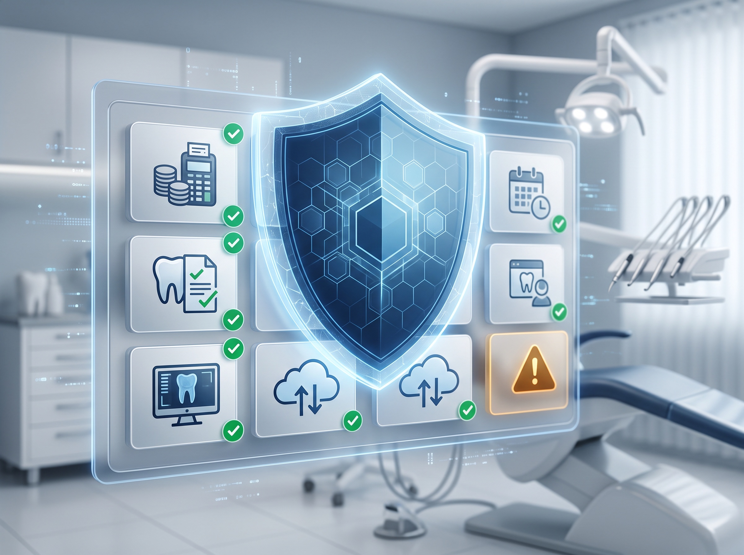 A digital shield over a grid of verified dental practice vendors with one flagged for review