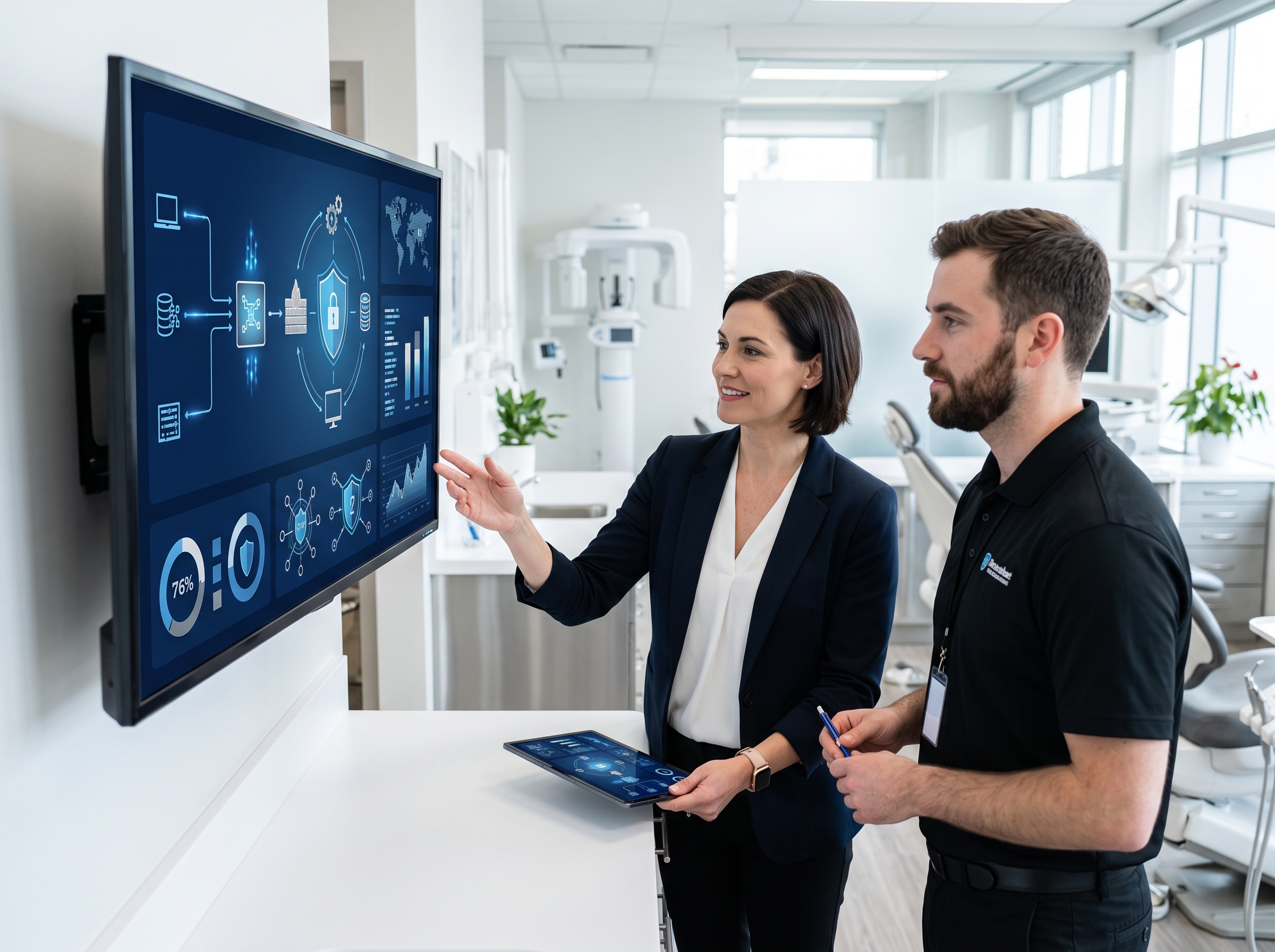 A dental practice manager and IT security expert reviewing a privacy compliance dashboard together
