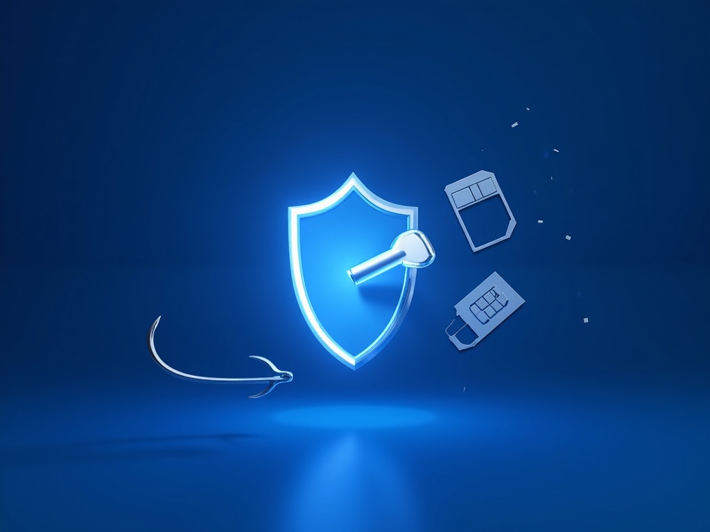 A phishing hook failing to capture a passkey-protected login, next to a broken SIM card