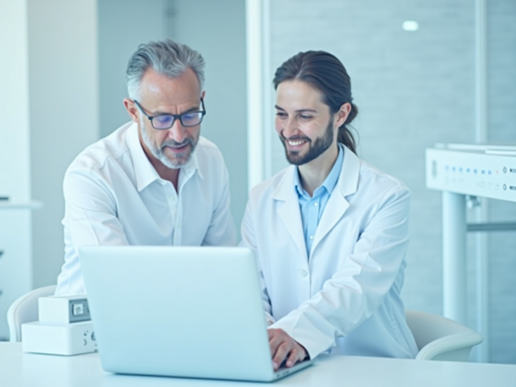 Practice manager and IT technician reviewing a website dashboard