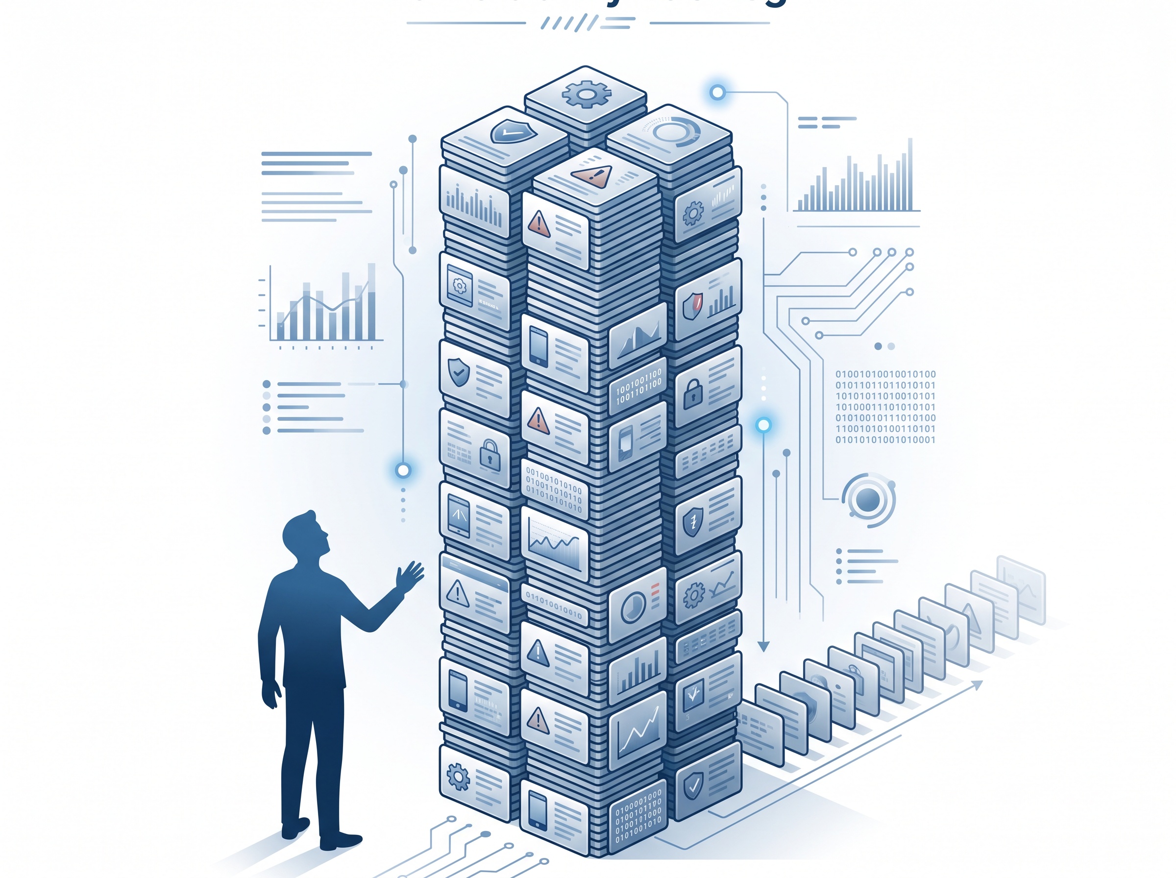 A towering stack of device alert cards rising far above a single human silhouette, implying a backlog too large to clear by hand