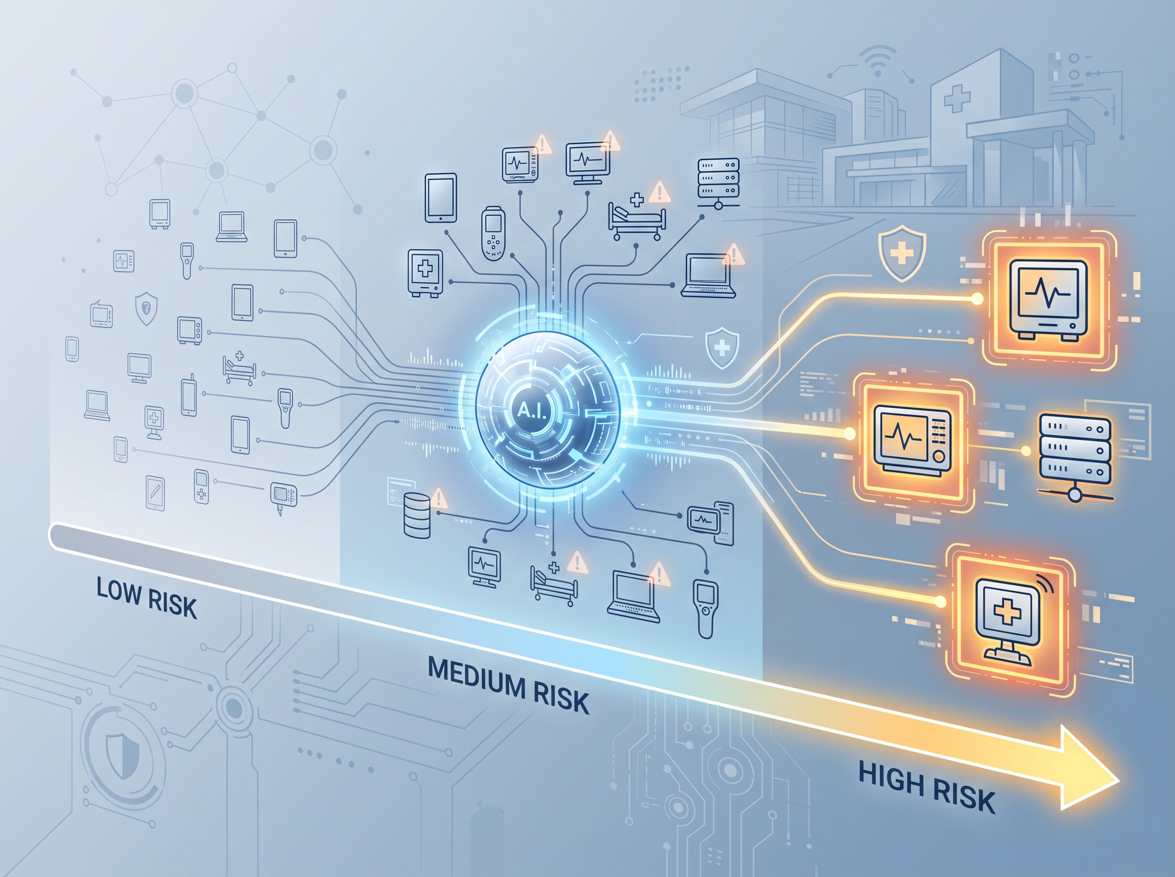 An AI core sorting many device icons along a priority axis, pulling the highest-risk devices forward