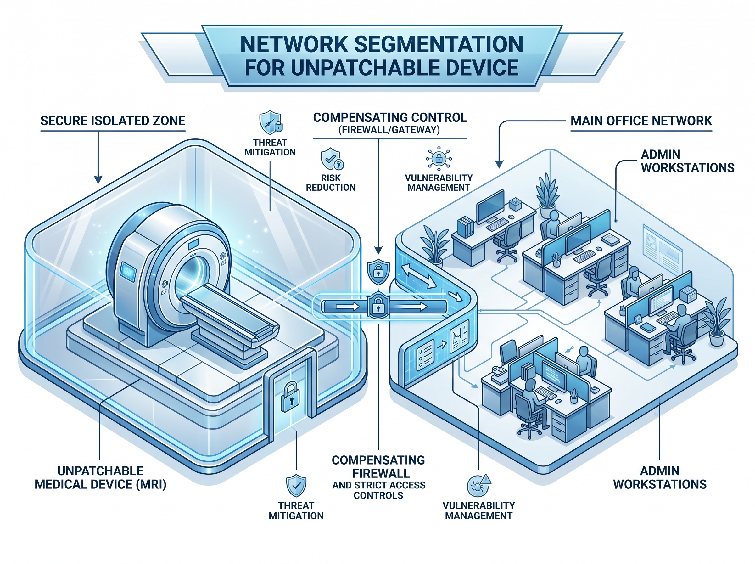 A medical imaging device isolated inside a walled network zone, separated from the main office network by one controlled gateway