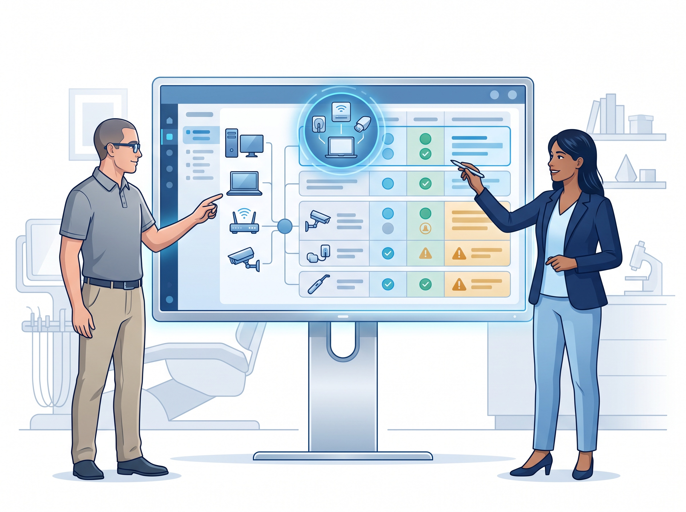 A practice manager and IT professional building an organized inventory of networked devices with risk levels on a monitor
