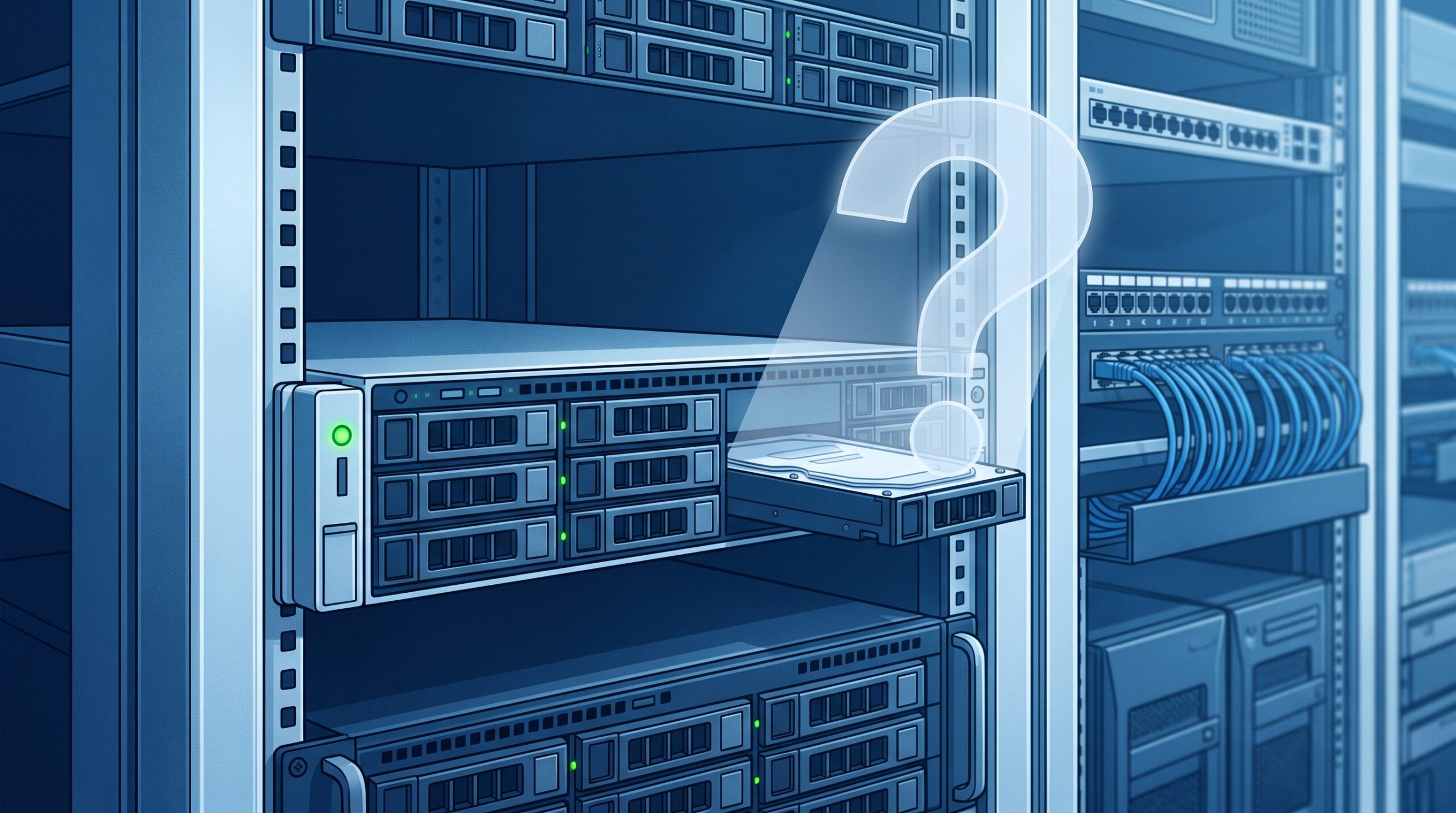 A dental practice server with a green backup status light and a ghosted question mark, suggesting an untested backup