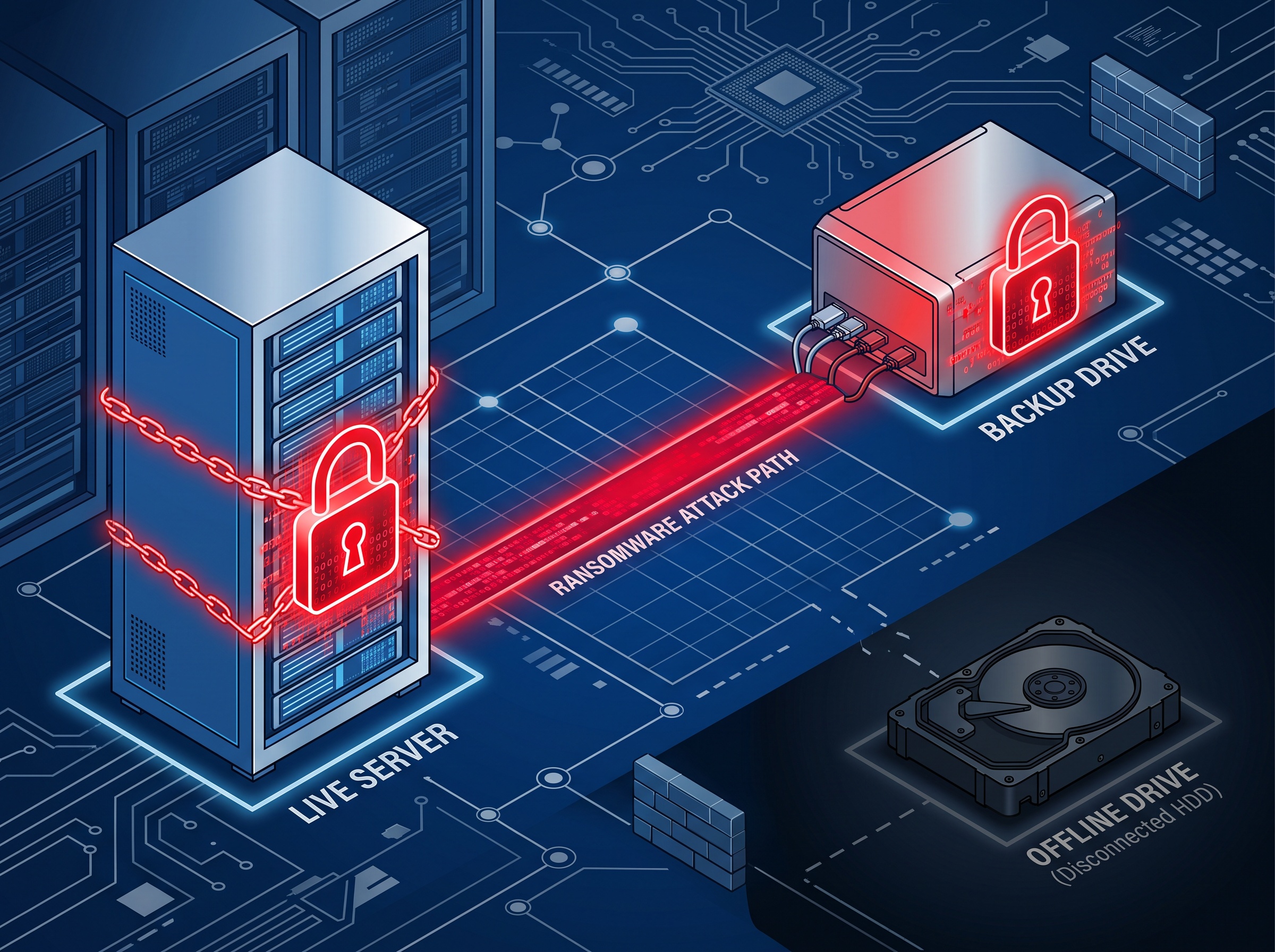 Ransomware encrypting both a live server and its connected backup while an offline drive stays safe