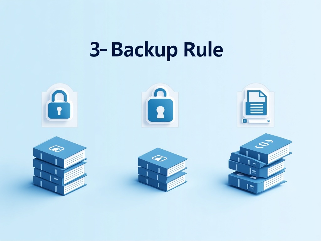 Diagram of the 3-2-1 backup rule with three copies, two media types, one offsite and immutable copy