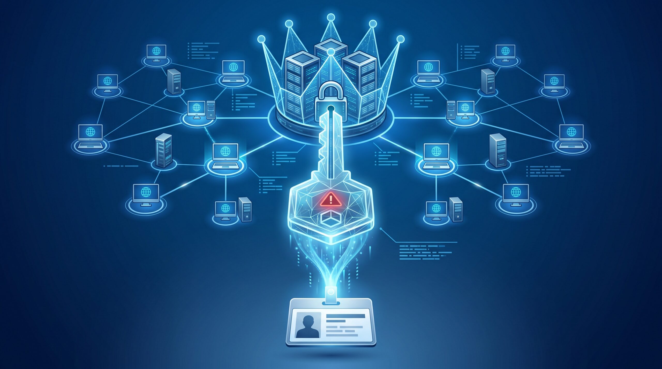 A single low-privilege user account rising into a master key that unlocks an entire network, symbolizing full domain takeover