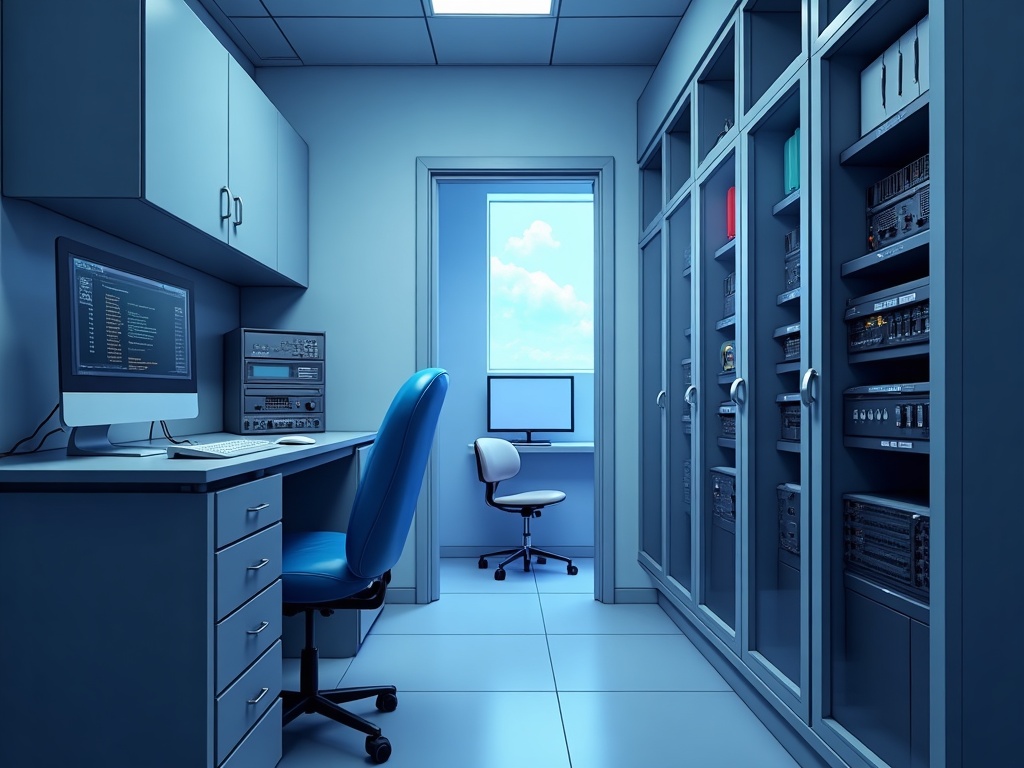A small dental practice server closet with a single Windows server and network switch