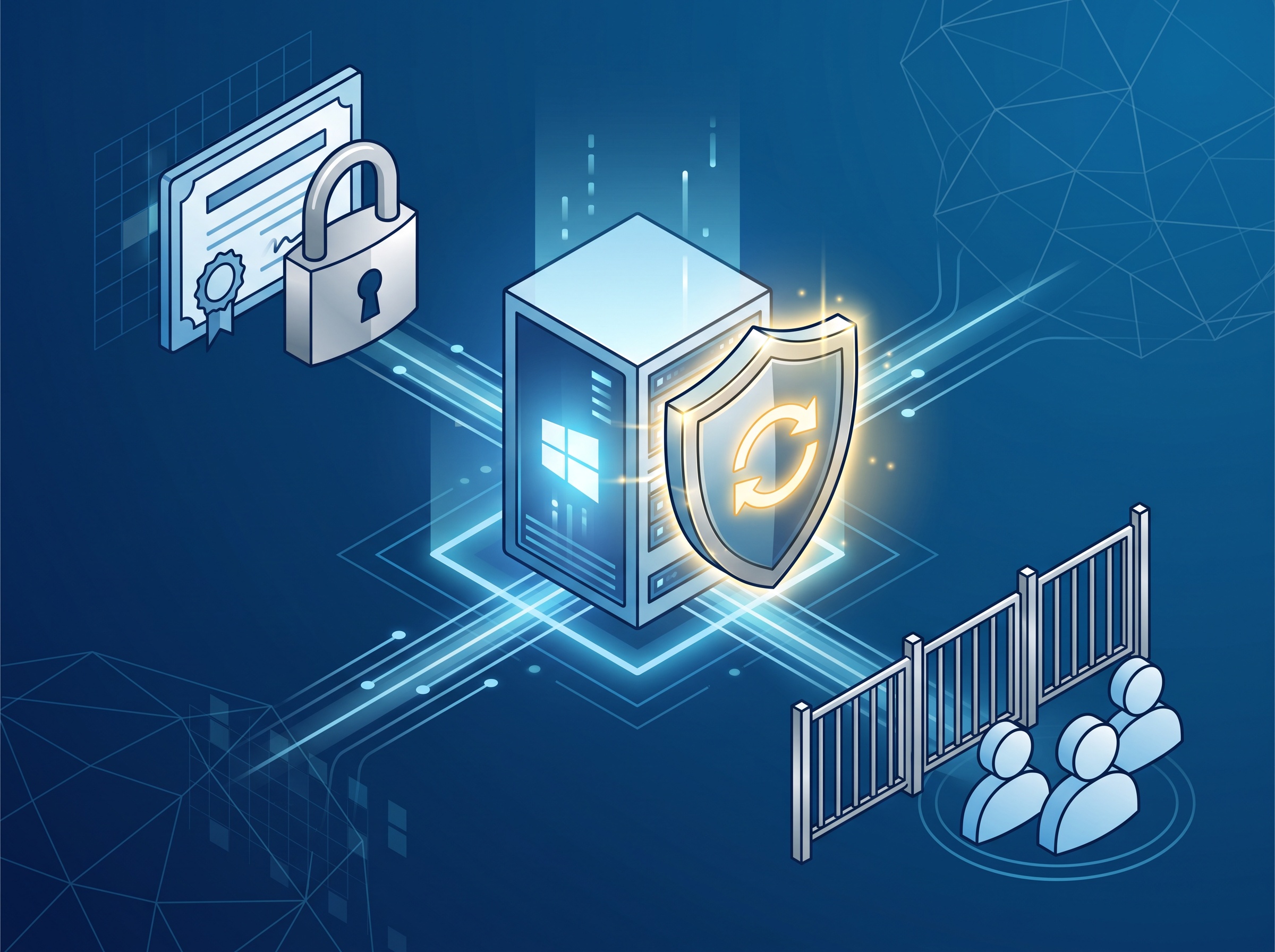 A server receiving a security update while certificate templates are locked and user privileges are narrowed