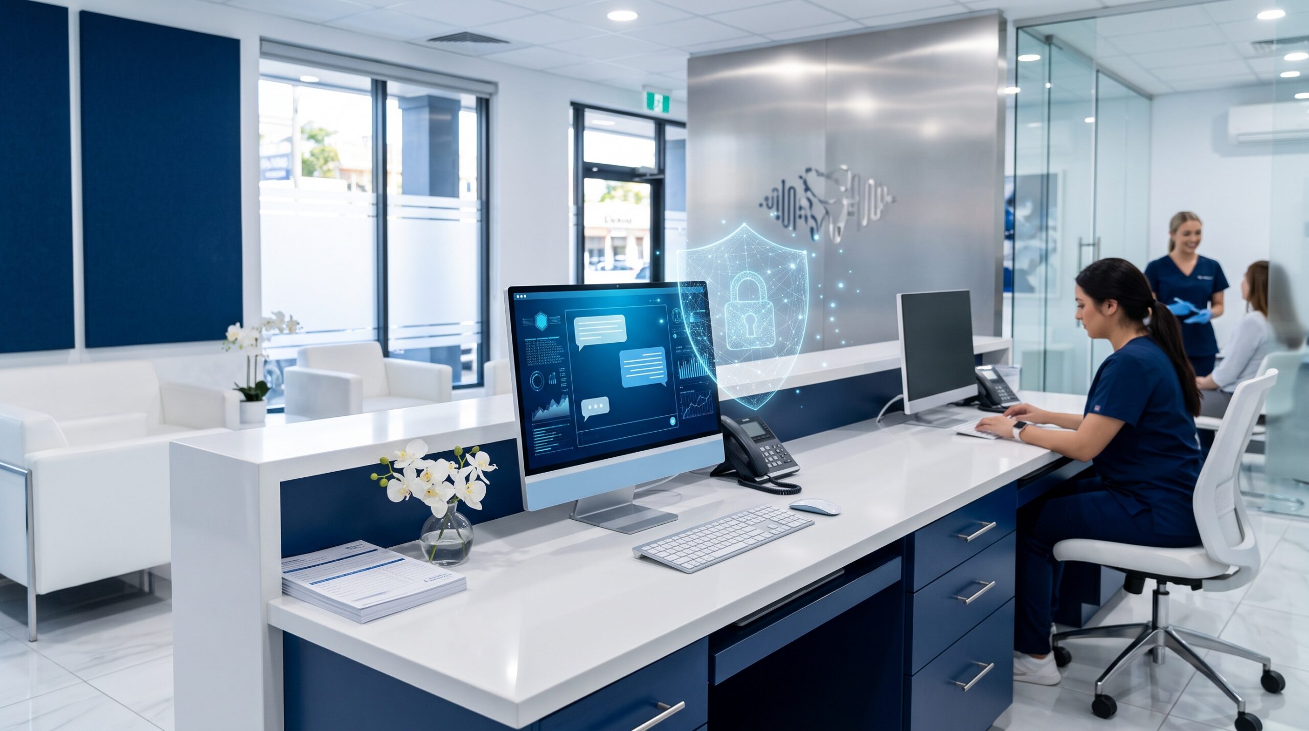 Dental front-desk workstation with an AI chat interface and a data-protection shield motif