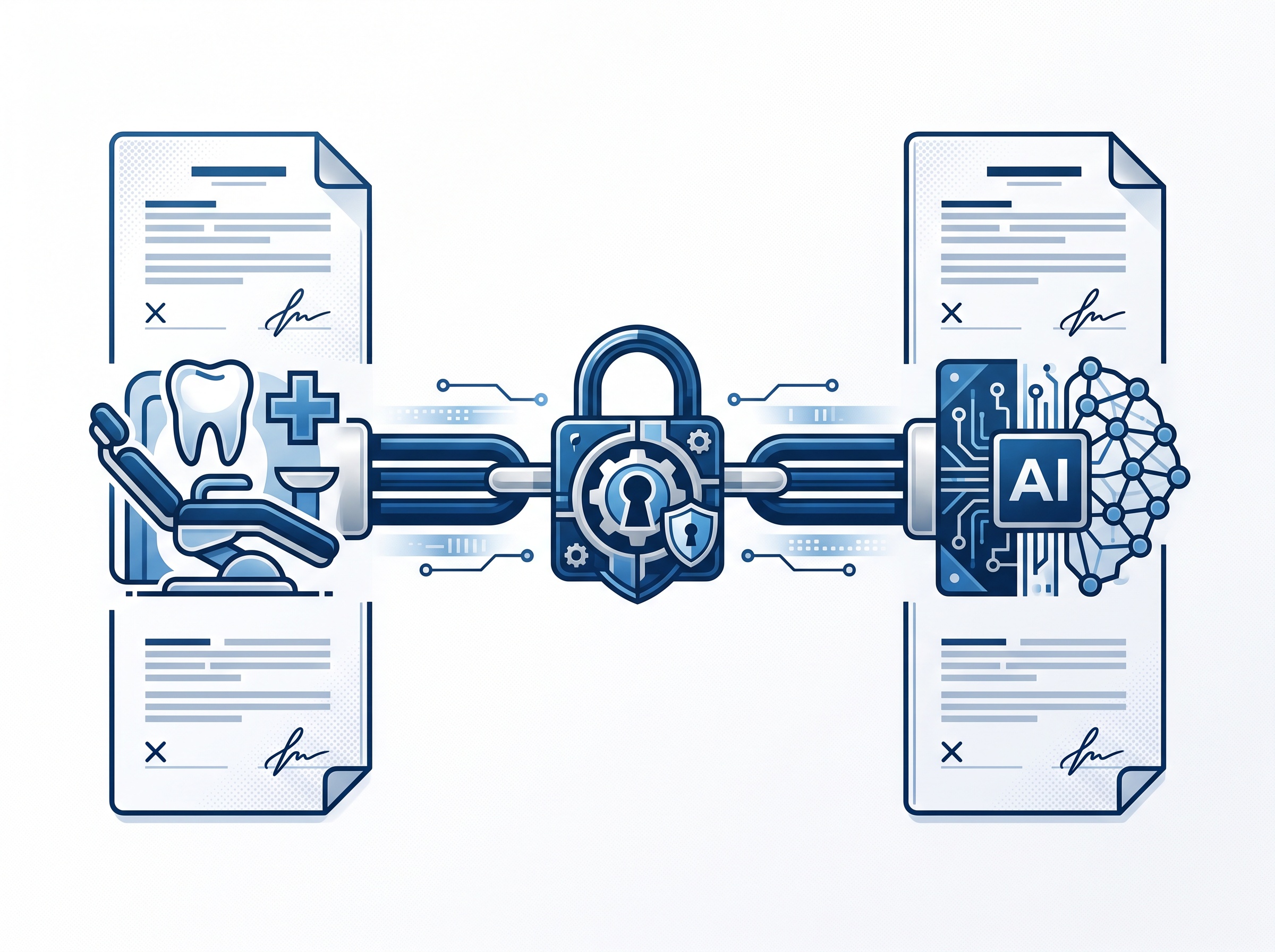 Abstract representation of a business associate agreement linking a dental clinic and an AI vendor