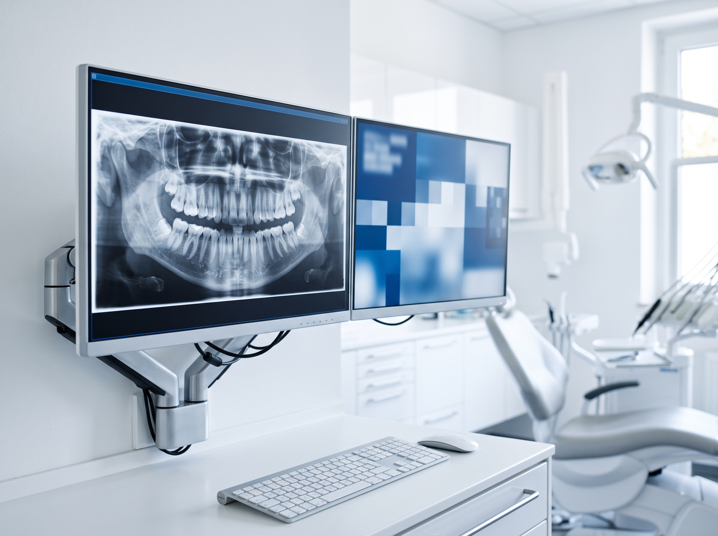 Dental radiograph on a monitor with identifying details being redacted
