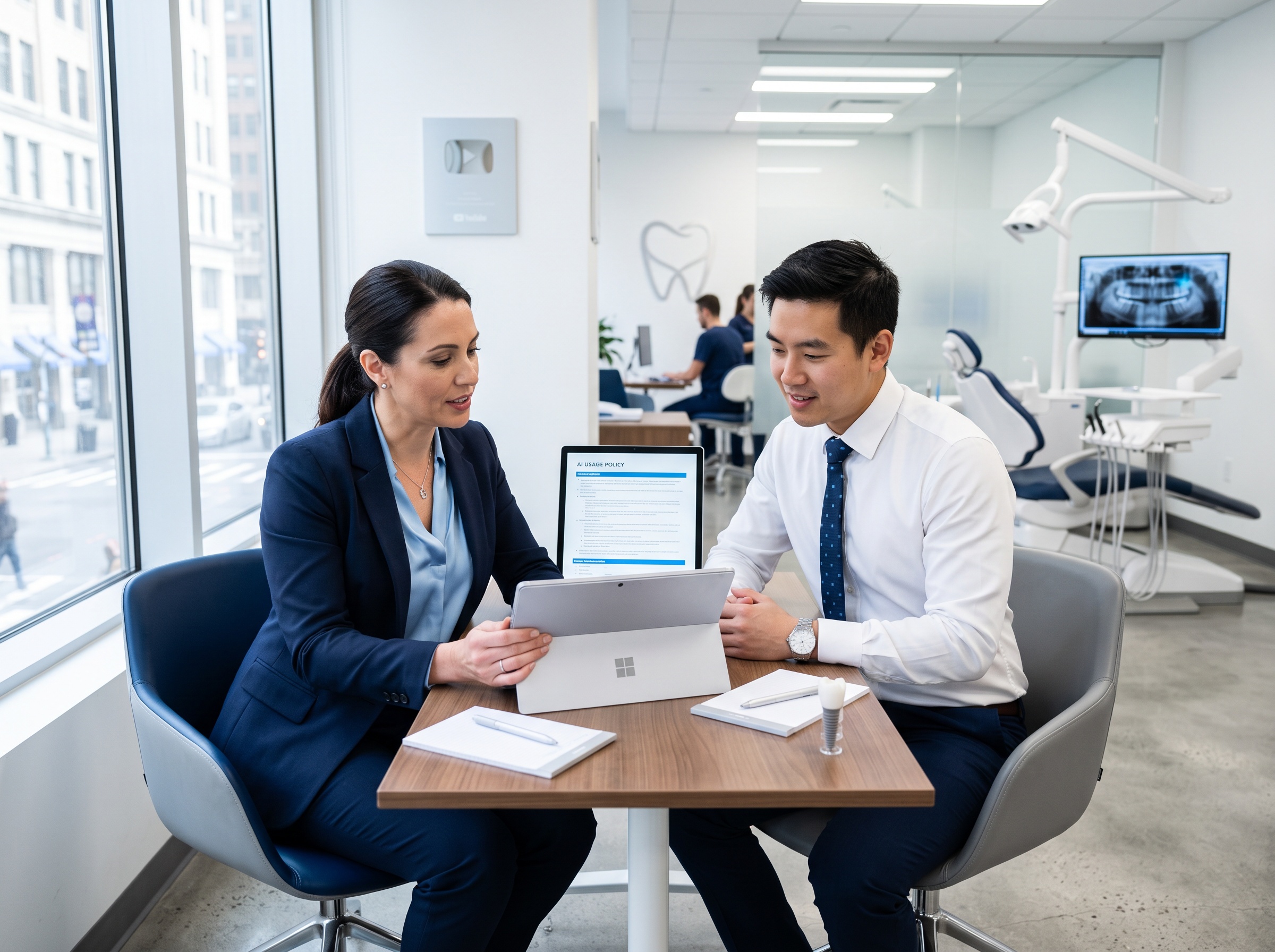IT consultant and dental practice manager reviewing an AI usage policy on a tablet