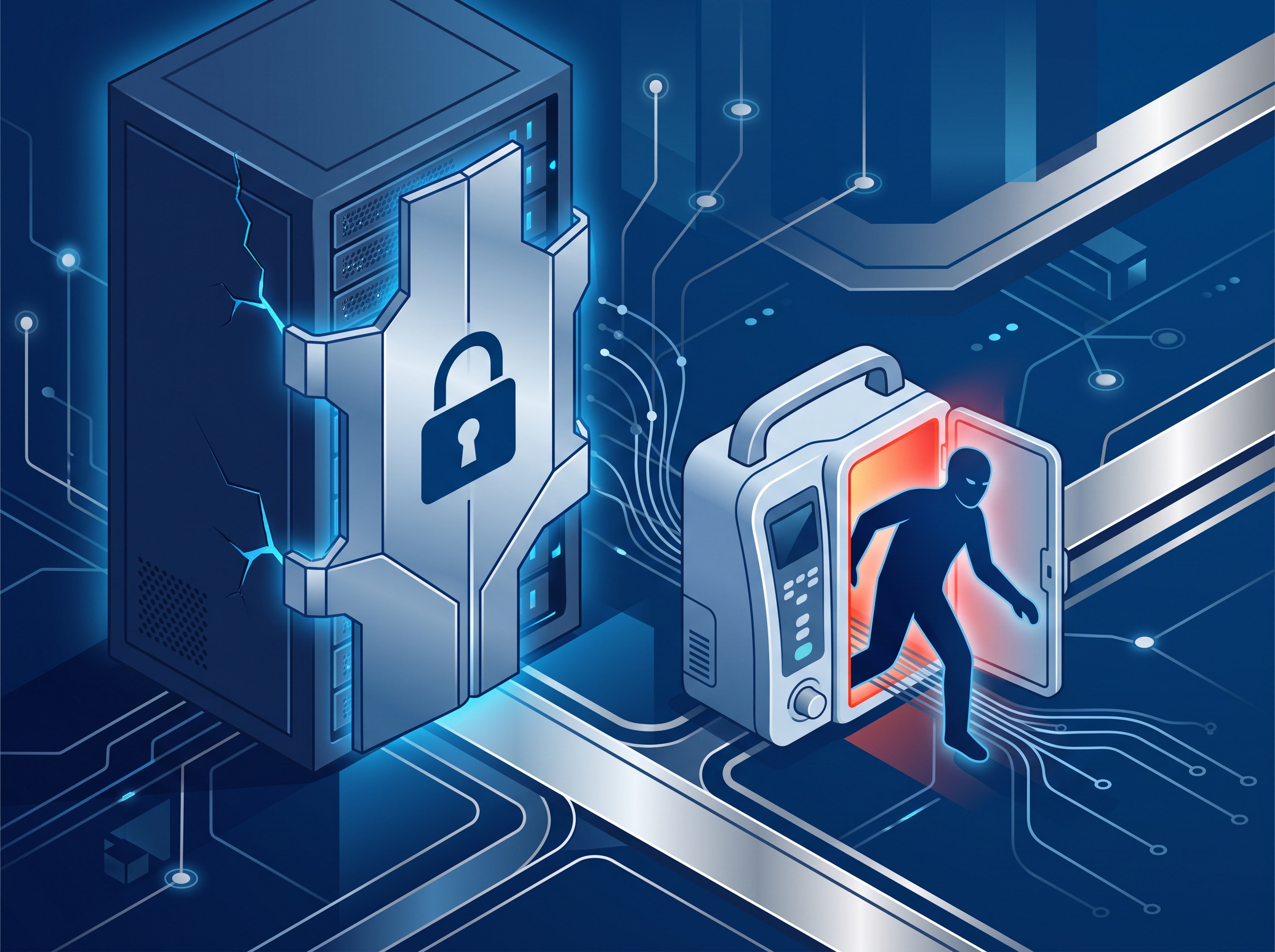 An attacker bypassing a hardened server by slipping through an unguarded connected medical device