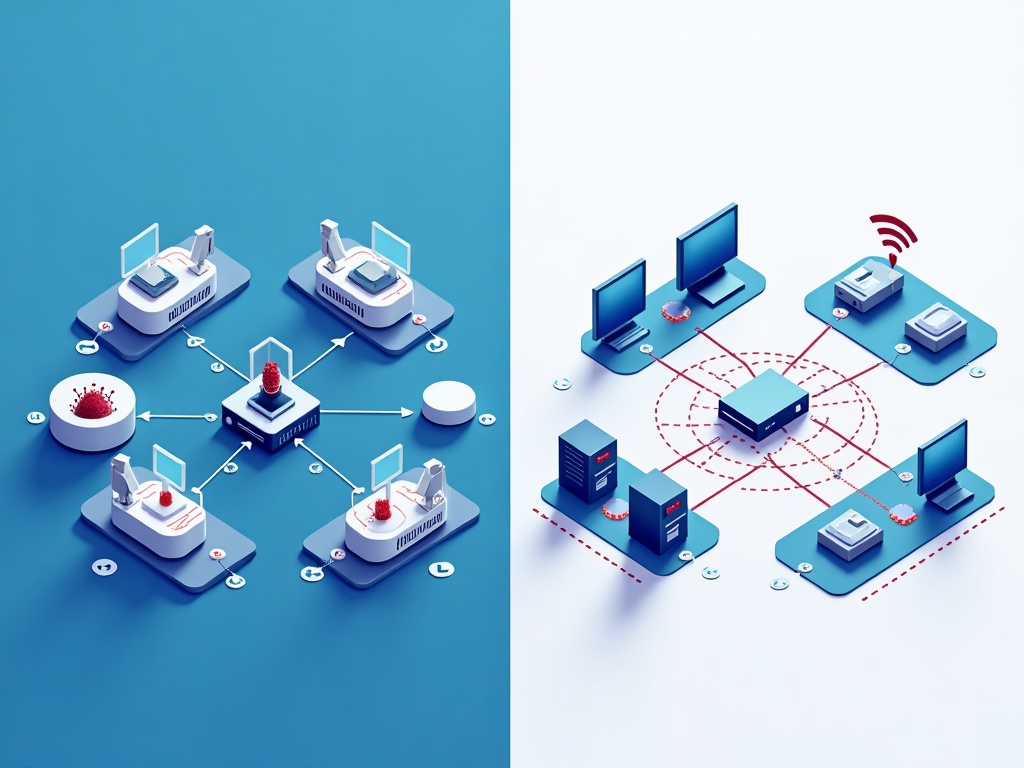 A flat network where infection spreads to everything versus a segmented network where it is contained to one isolated lane