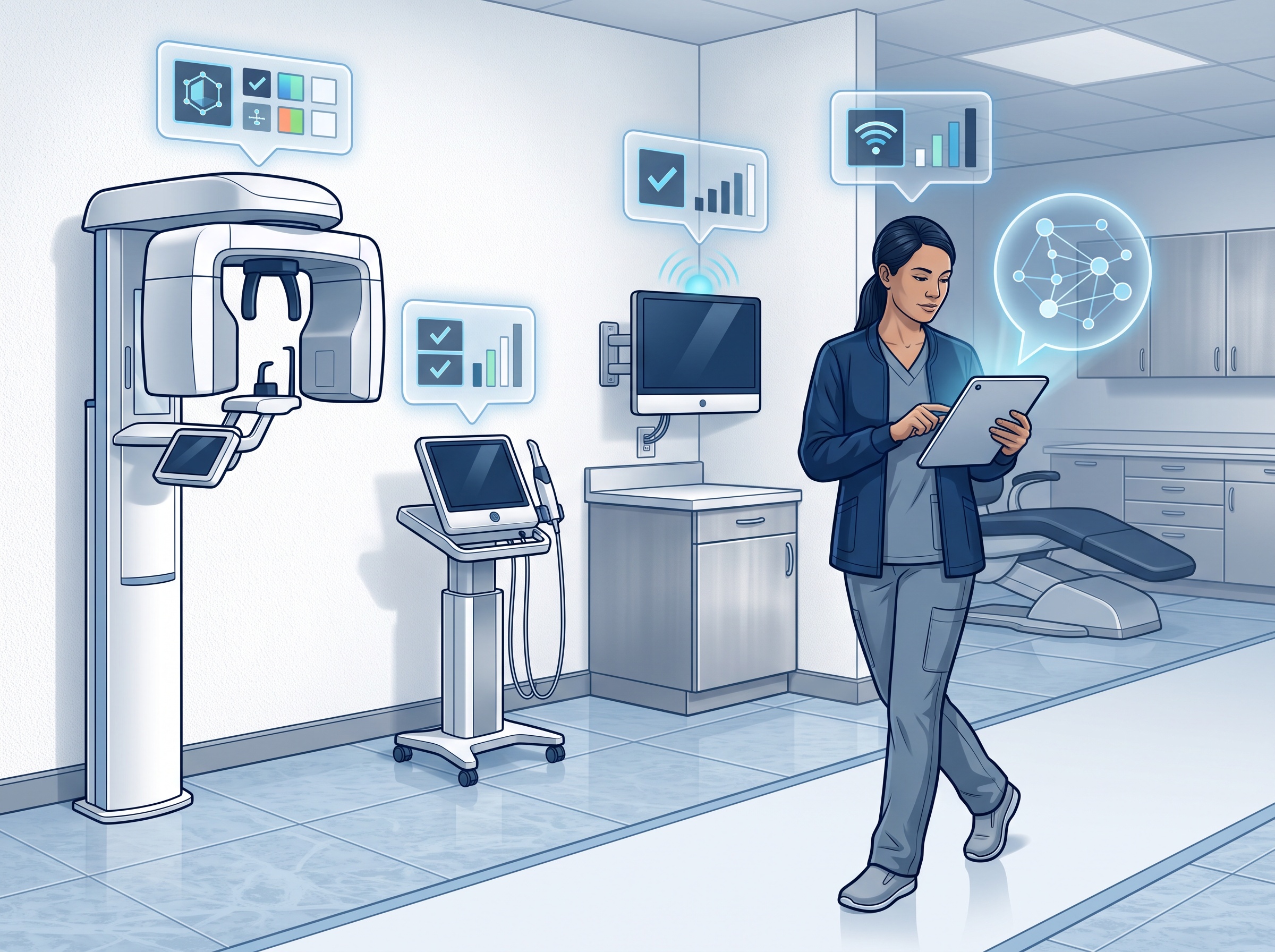 A technician cataloguing each connected device in an operatory, tagging equipment for firmware and network status