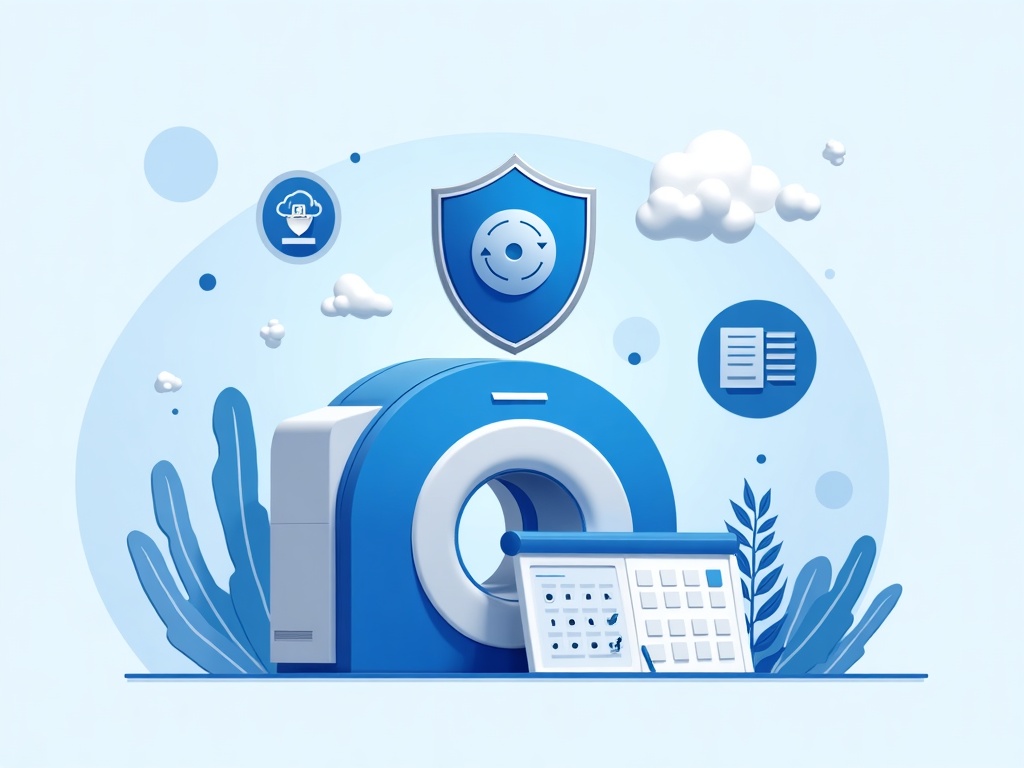 A procurement shield over a new imaging device with icons for a software bill of materials, patch commitments, and secure remote access