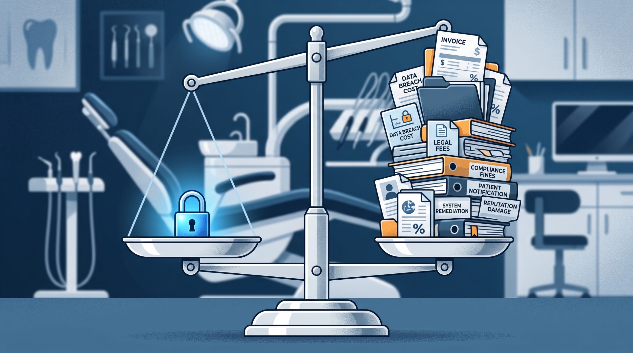 A balance scale with a small padlock on one side vastly outweighed by a tall stack of legal documents and invoices on the other