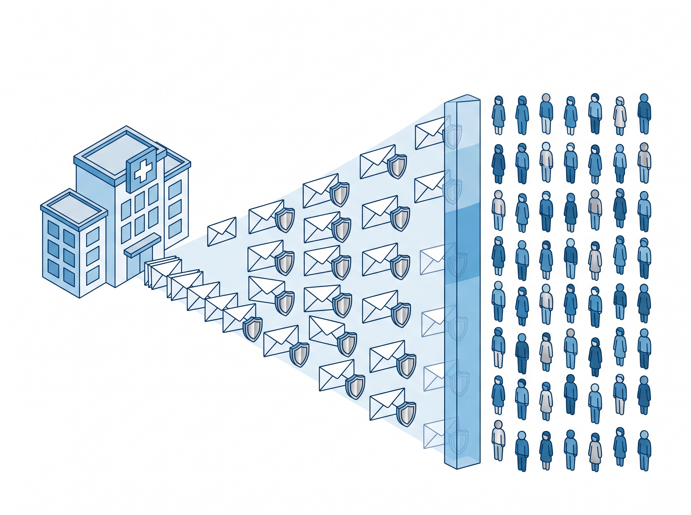 A stream of notification envelopes with credit-monitoring shields flowing from a practice to many patient figures as a cost meter rises