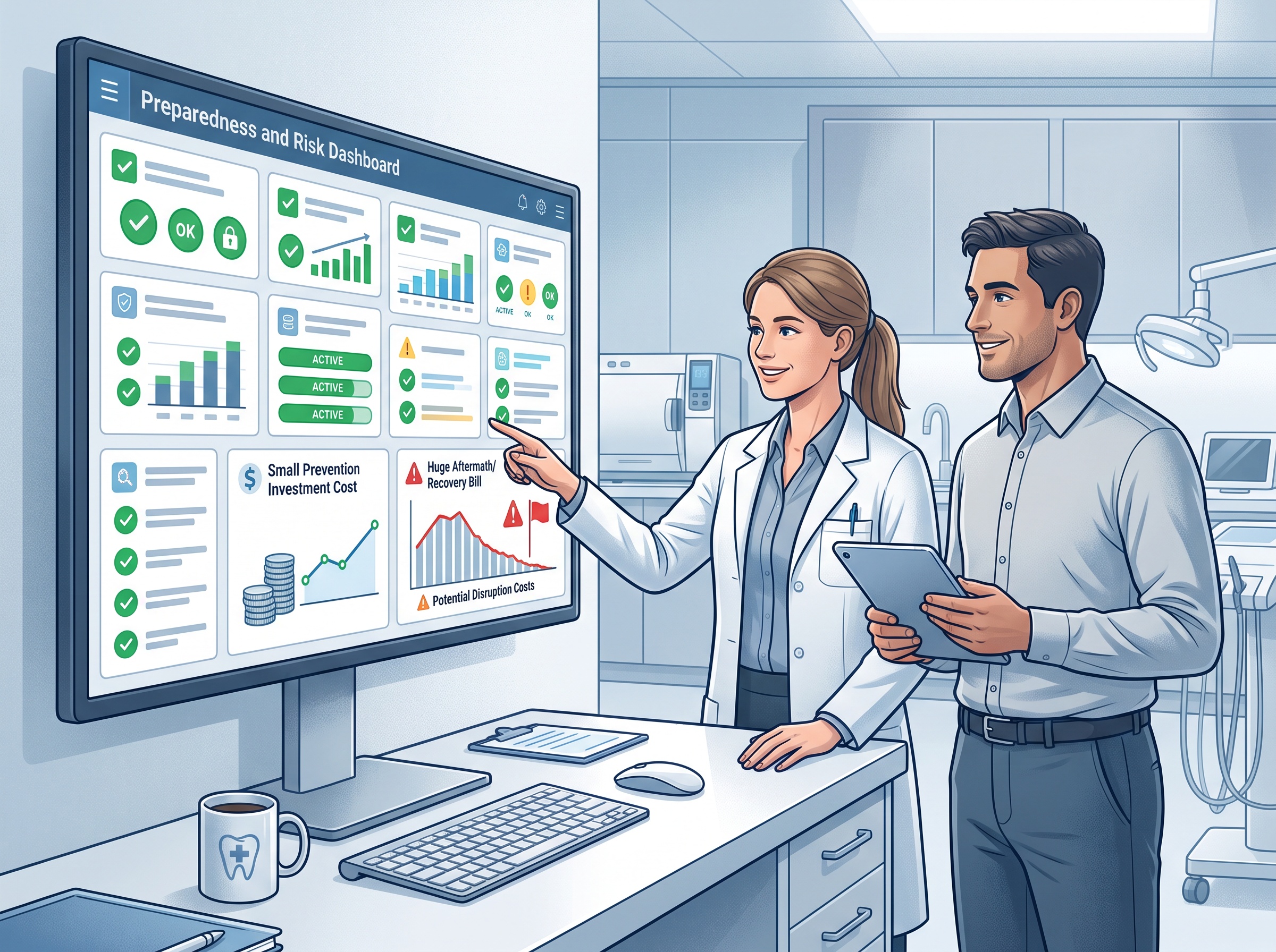 A practice manager and IT professional reviewing an orderly preparedness dashboard with green indicators