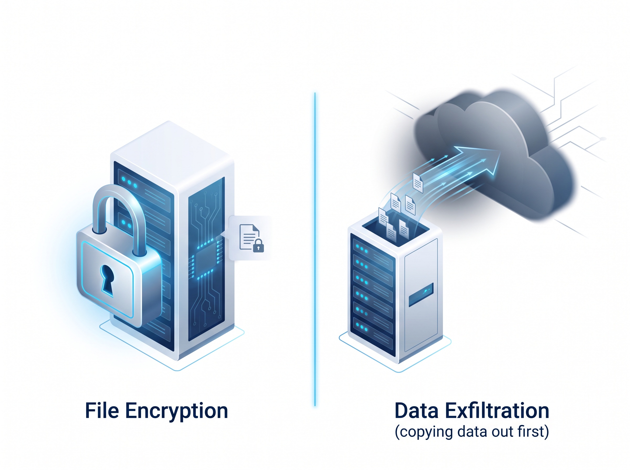 A two-panel diagram showing data copied out of a server on one side and the server being locked on the other