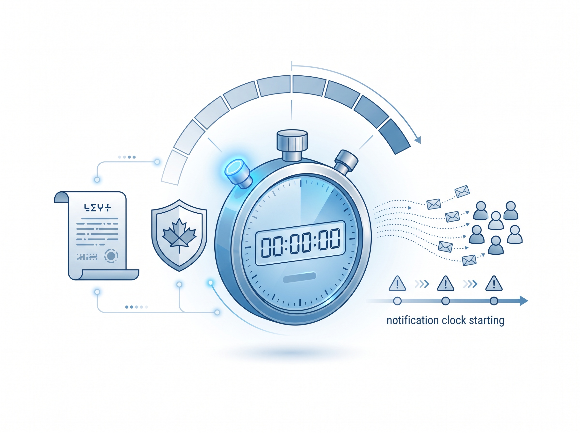 A stopwatch beginning to run beside a legal document and figures representing patients being notified
