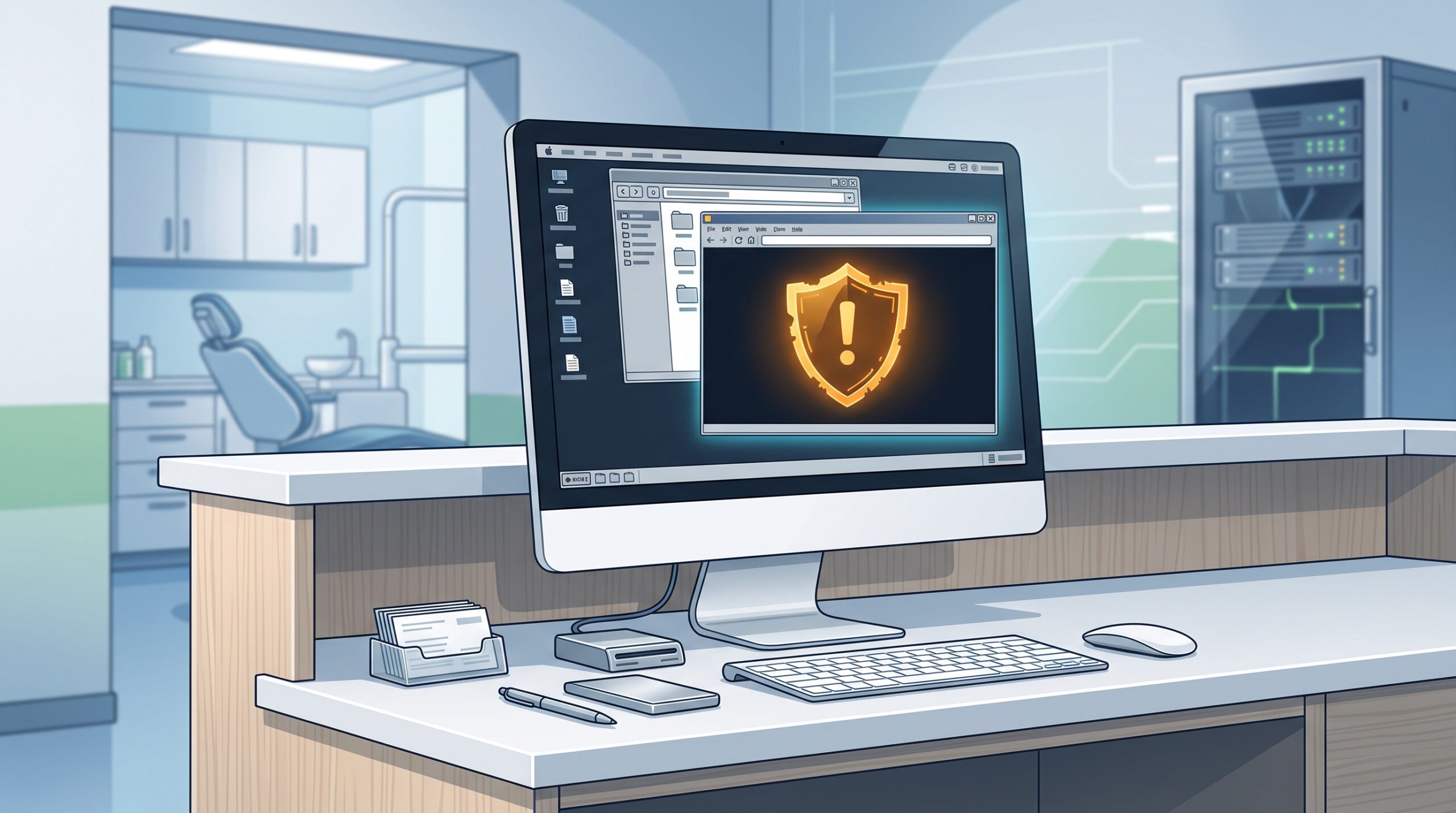 A dental front-desk workstation running practice management software with an abstract warning indicator