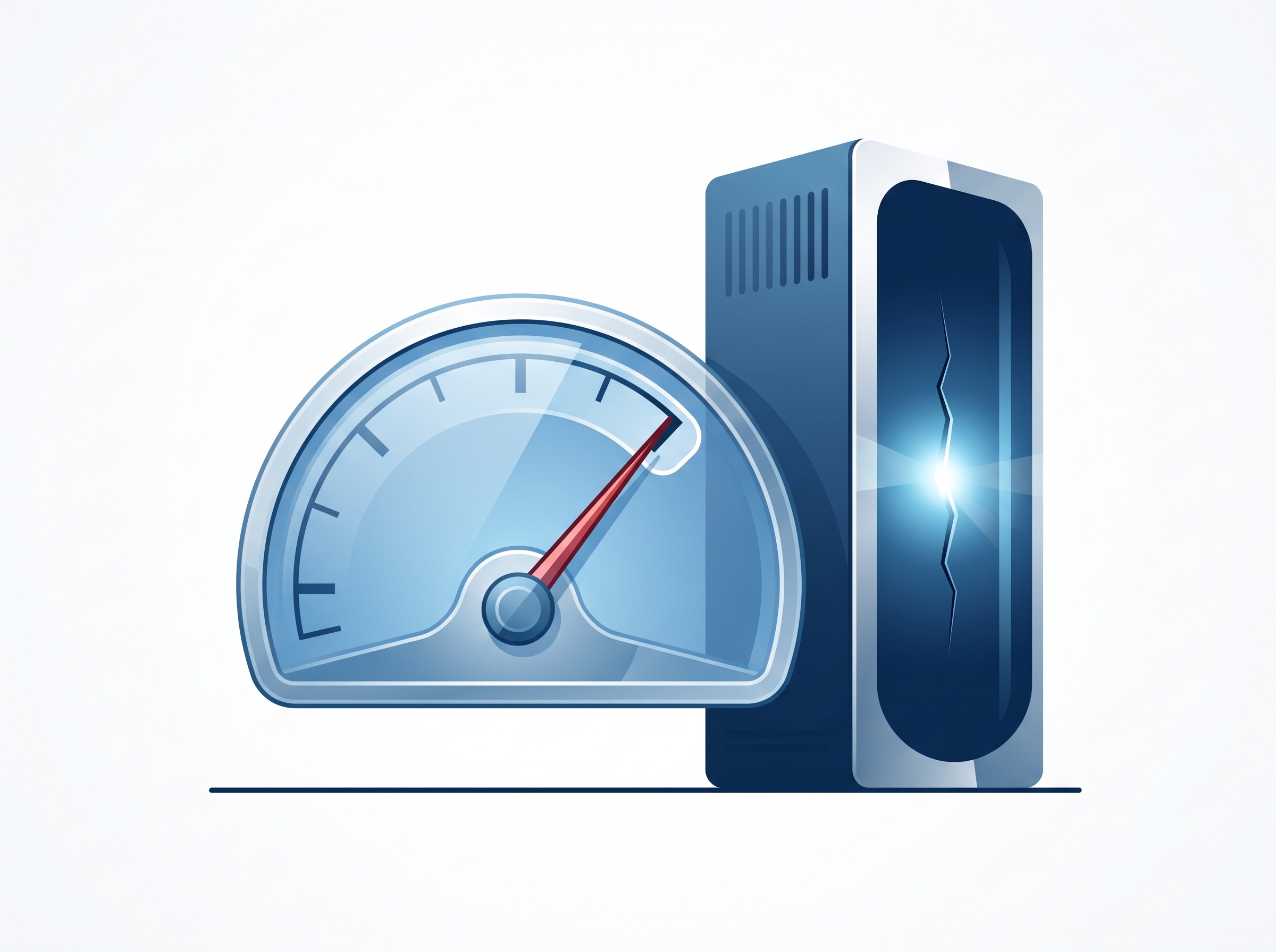 A severity gauge pinned at maximum beside a server crack already sealed with light